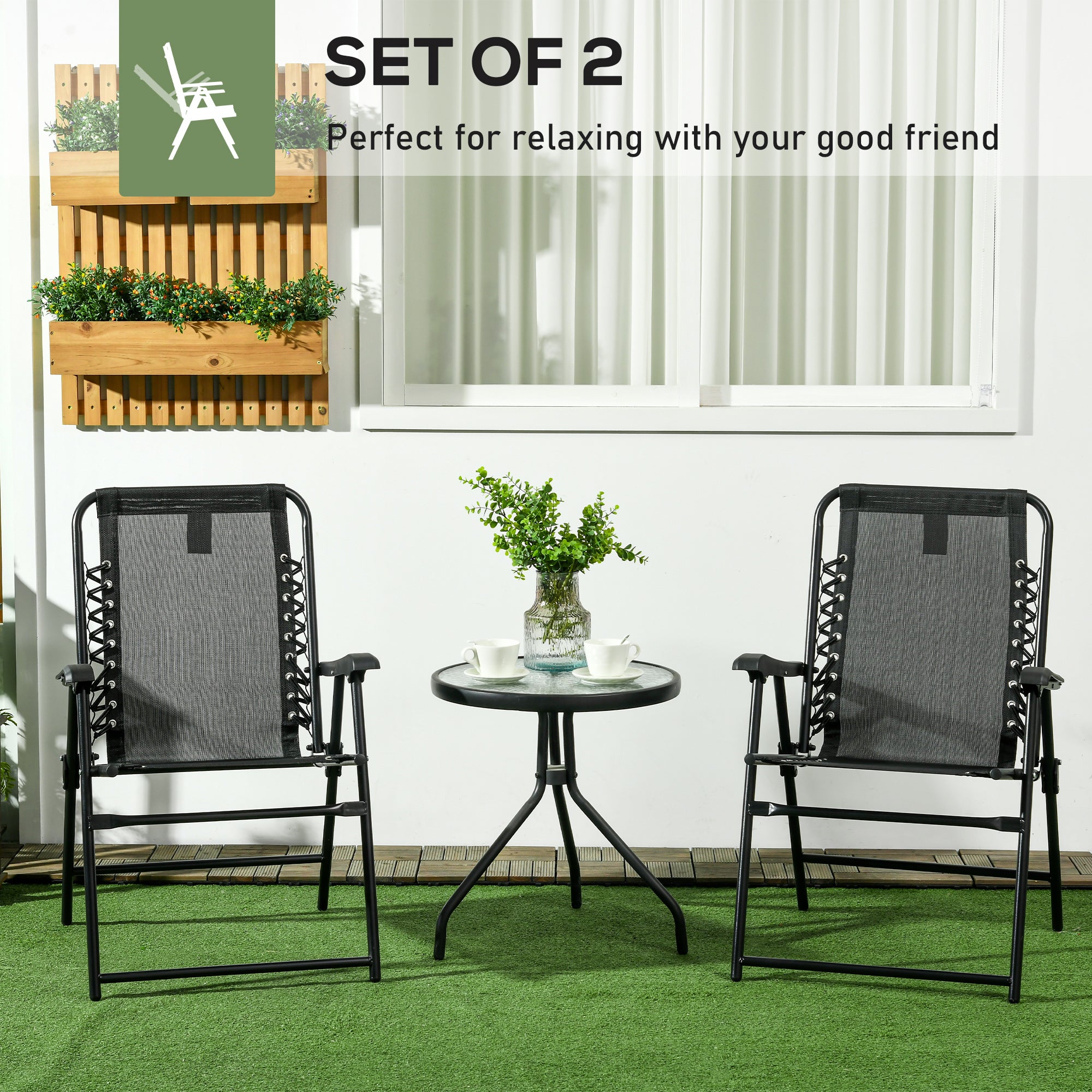 Outsunny 2 Pcs Patio Folding Chair Set, Outdoor Portable Loungers for Camping Pool Beach Deck, Lawn w/ Armrest Steel Frame Black - North Peak Garden Furniture