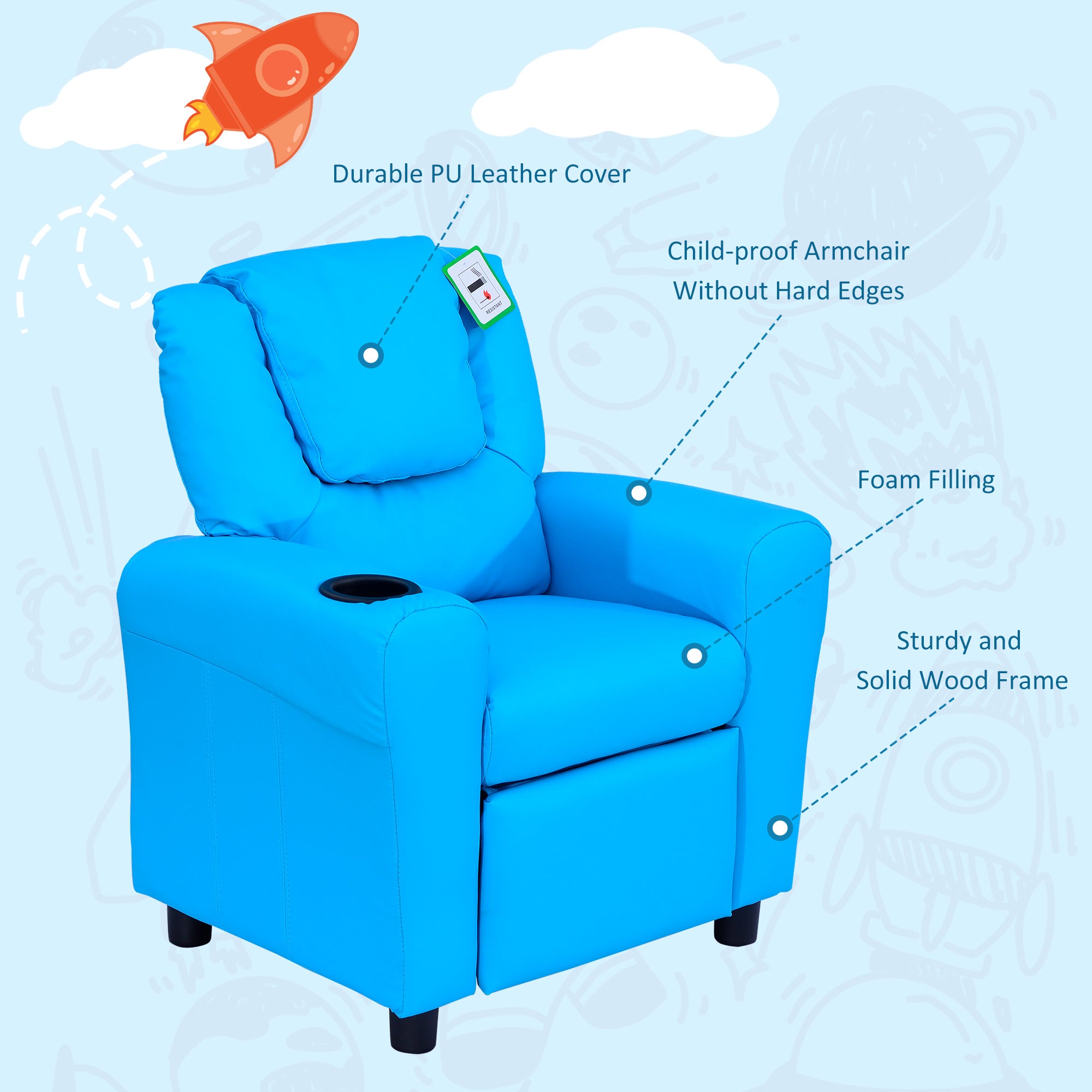 HOMCOM Kids Recliner Chair, PU Leather with Adjustable Backrest, Footrest, Padded Headrest, Blue - North Peak Garden Furniture