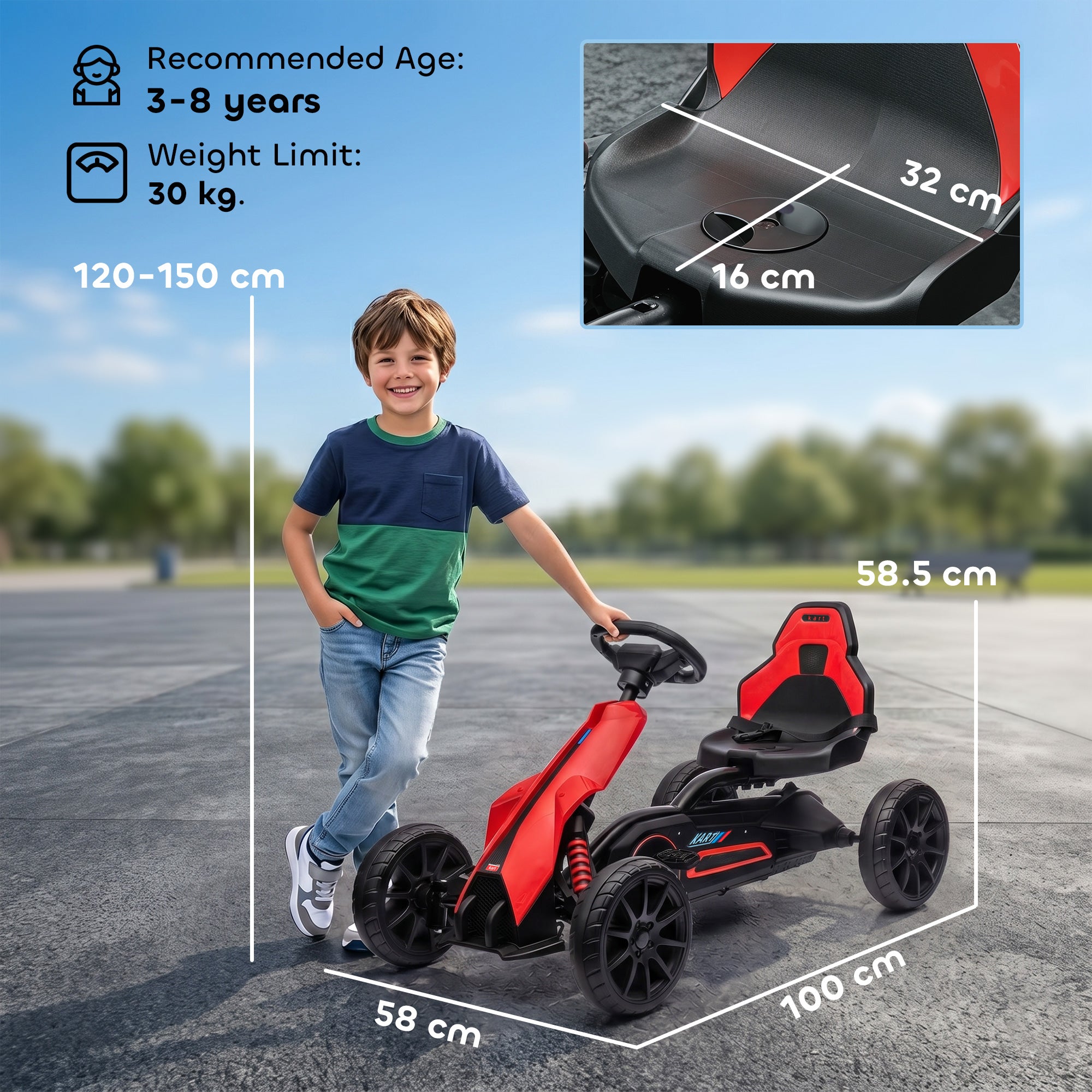 HOMCOM Kids Pedal Go Kart, with Adjustable Seat, EVA Wheels, Seat, Handbrake - Red
