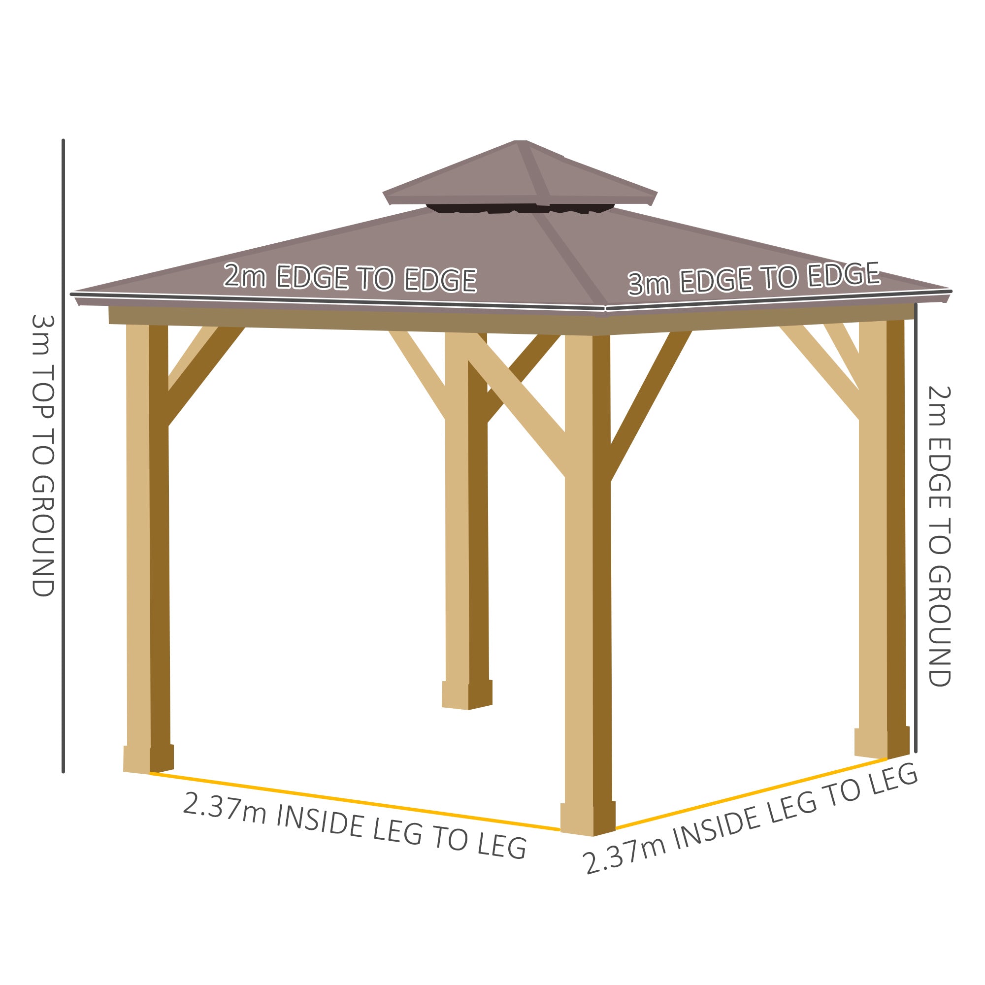 Outsunny 3x(3)M Outdoor Hardtop Gazebo Canopy with 2-Tier Roof and Solid Wood Frame, Outdoor Patio Shelter for Patio, Garden, Brown - North Peak Garden Furniture