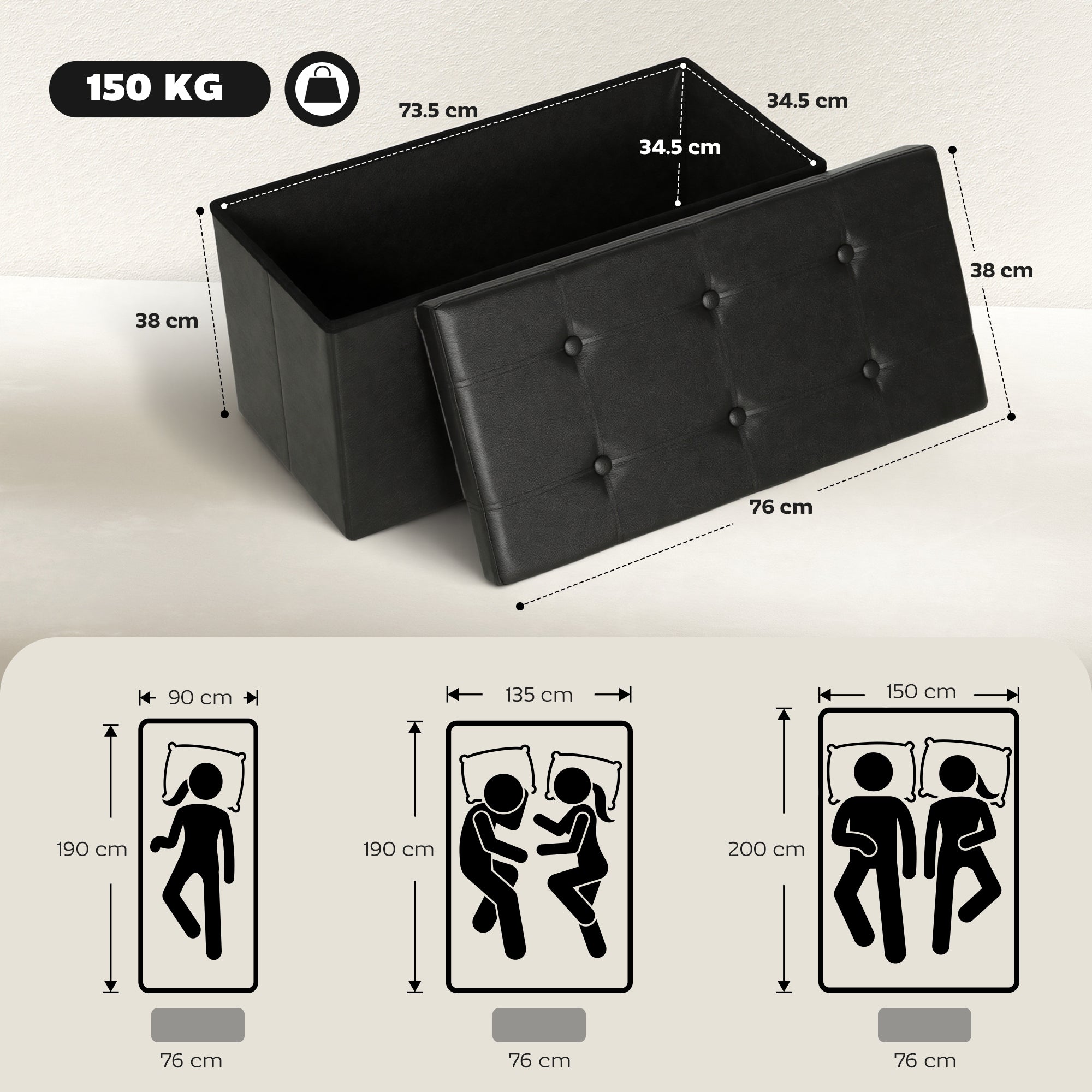 HOMCOM Storage Ottoman Bench, 89L PU Leather Folding Foot Rest Stool, End of Bed Bench, Easy Assembly, for Living Room, Bedroom, Entryway, Black