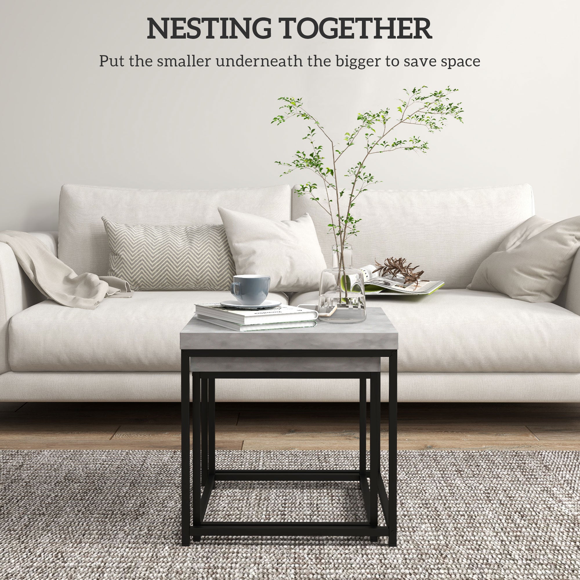 HOMCOM Coffee Table Set of 2, Nest of Tables with 3.5cm Thick Tabletop, Grey
