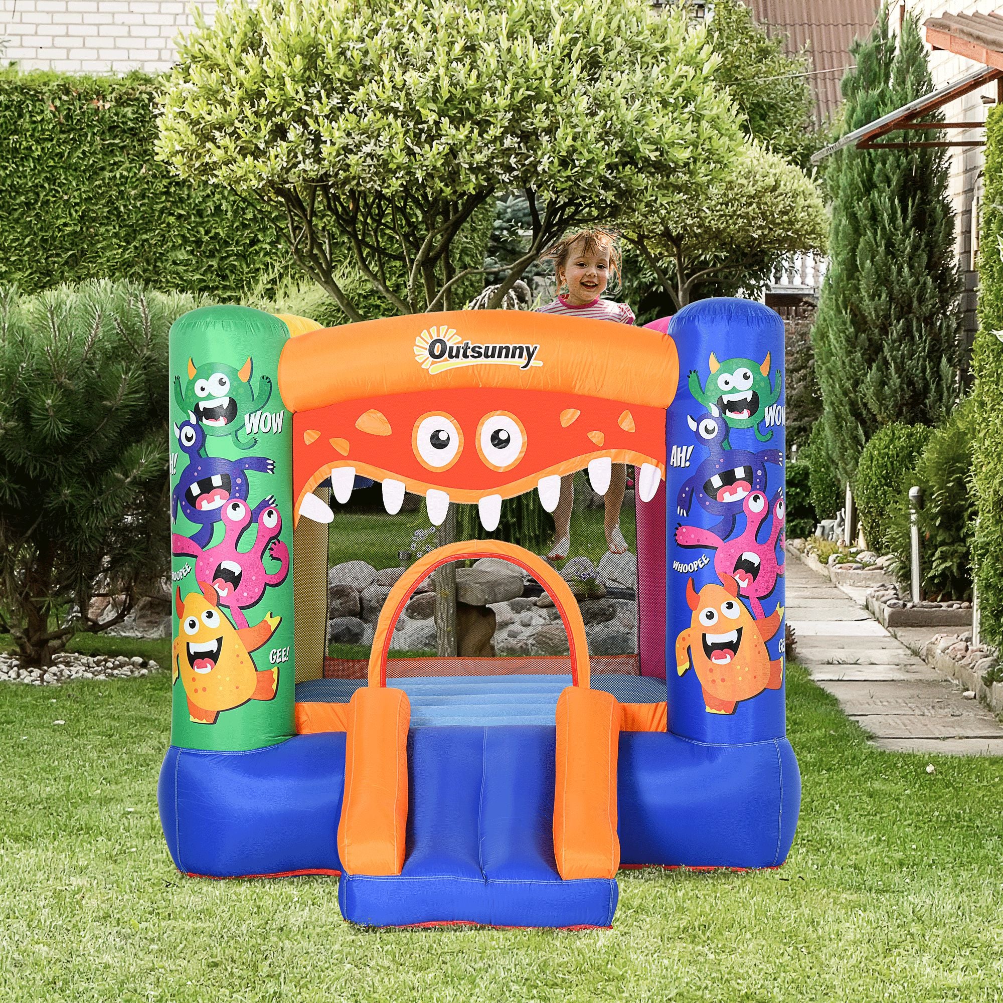 Outsunny Bouncy Castle Inflatable Basket Trampoline Slide Monster Design 180 x 250 x 175 (CM)