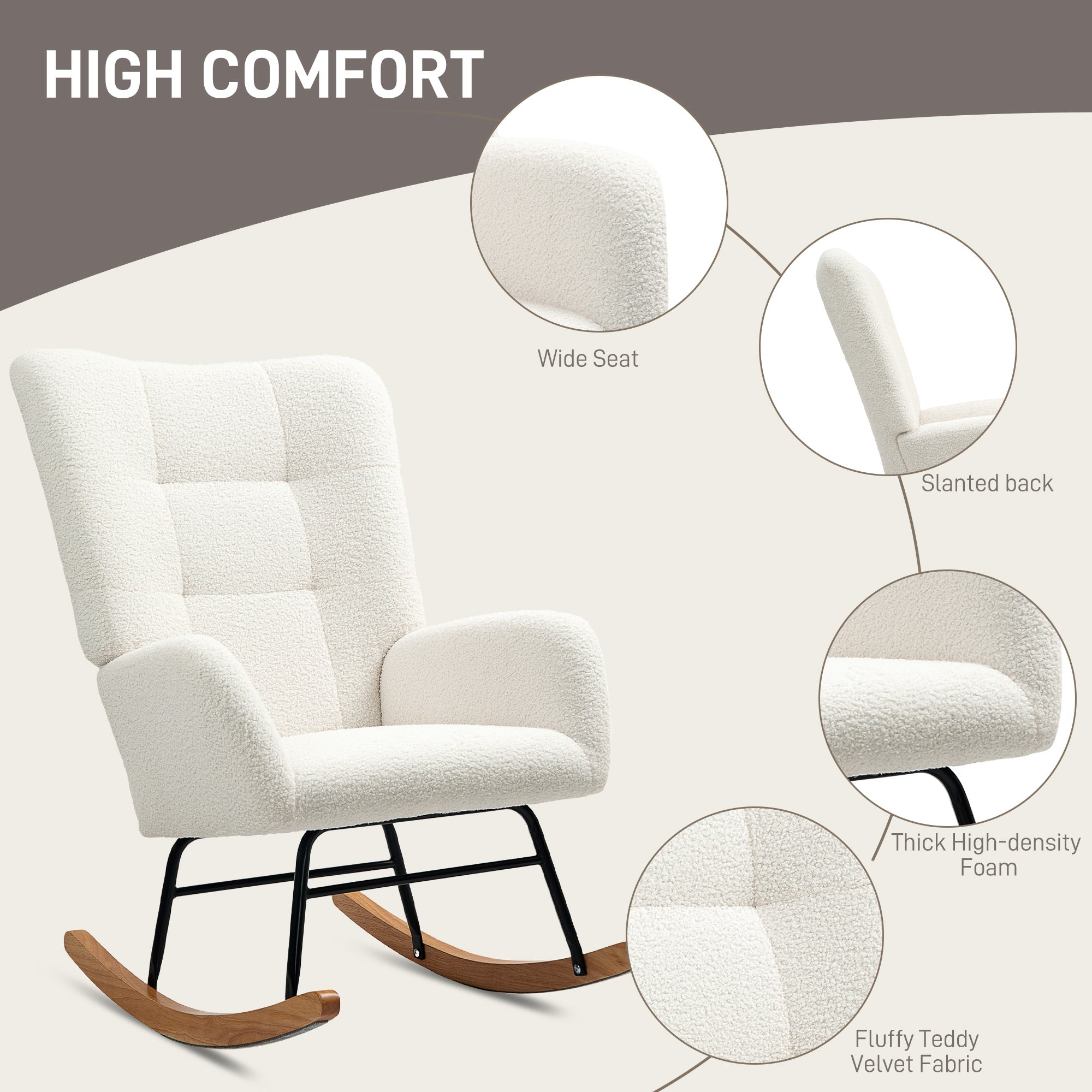 HOMCOM Teddy Fleece Rocking Chair - Cream White - North Peak Garden Furniture