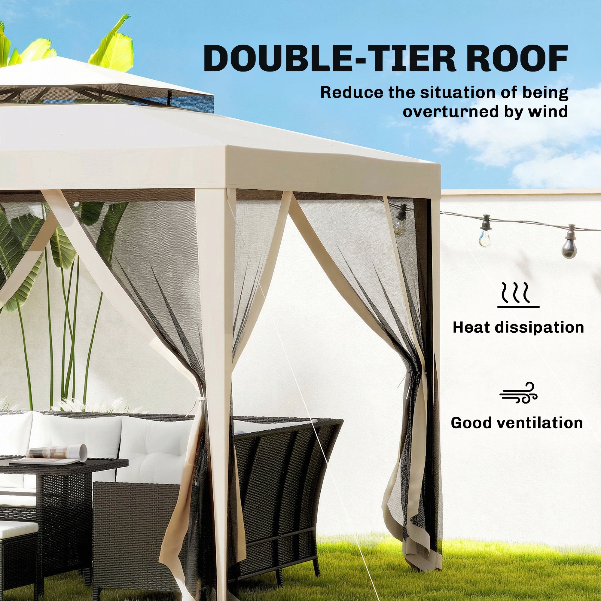Outsunny 3 x 3 m Gazebo, Netting Party Tent, Patio Canopy Outdoor Event Shelter with Double Tier Roof, Beige