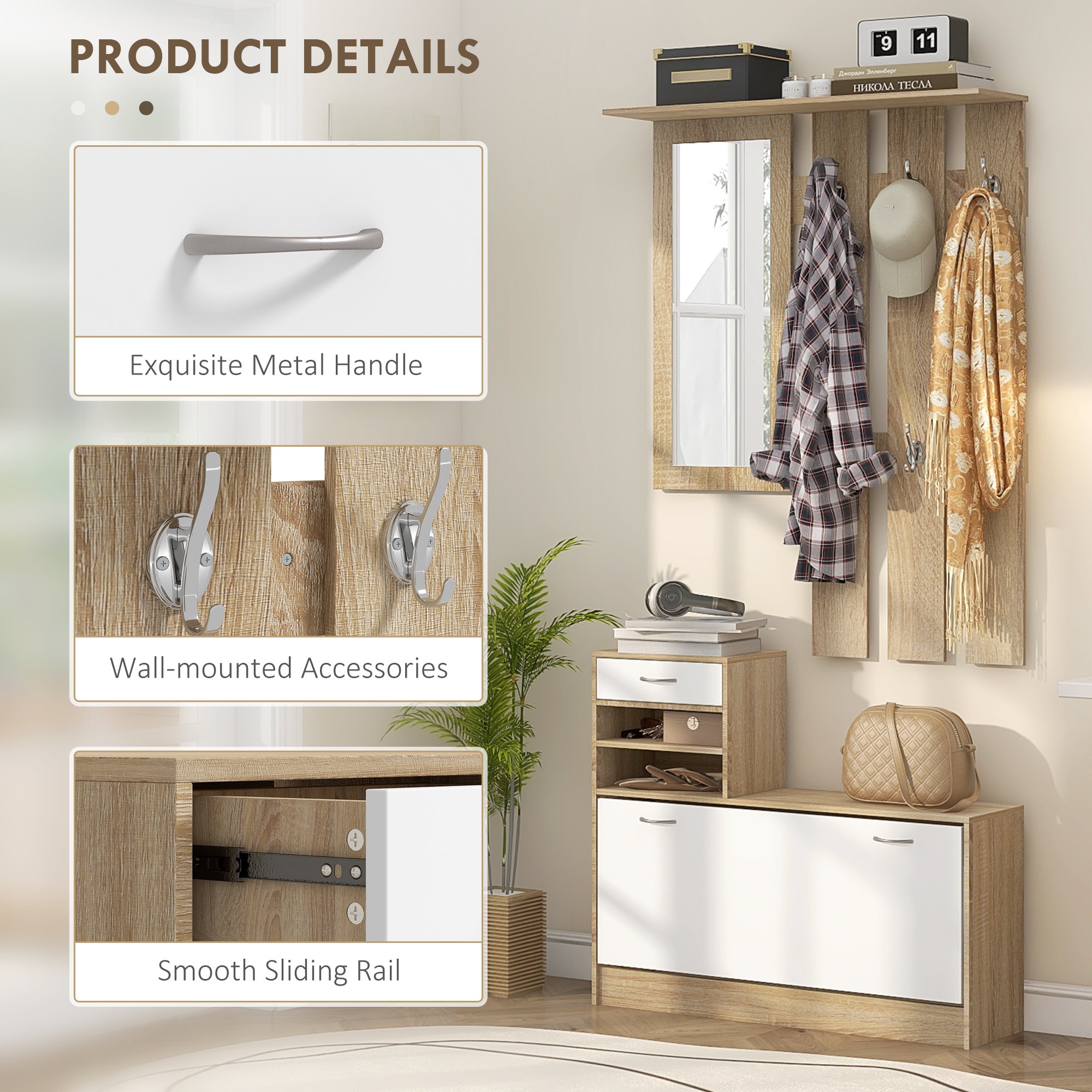 HOMCOM Three-in-One Hallway Storage Set - Natural Wood Finish/White - North Peak Garden Furniture