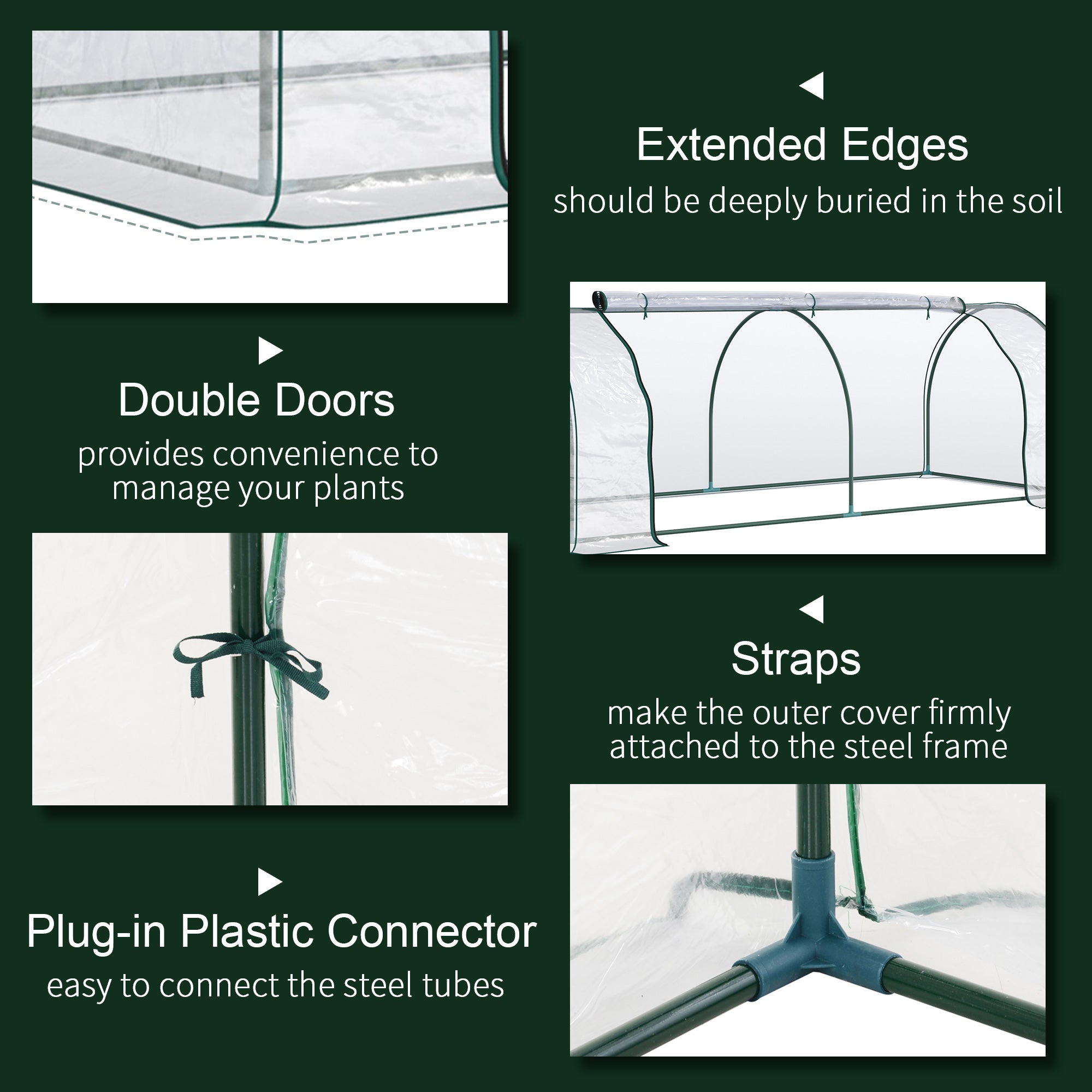 Outsunny Tunnel Greenhouse Green Grow House for Garden Outdoor, Steel Frame, PVC Cover, Transparent, 250 x 100 x 80cm - North Peak Garden Furniture