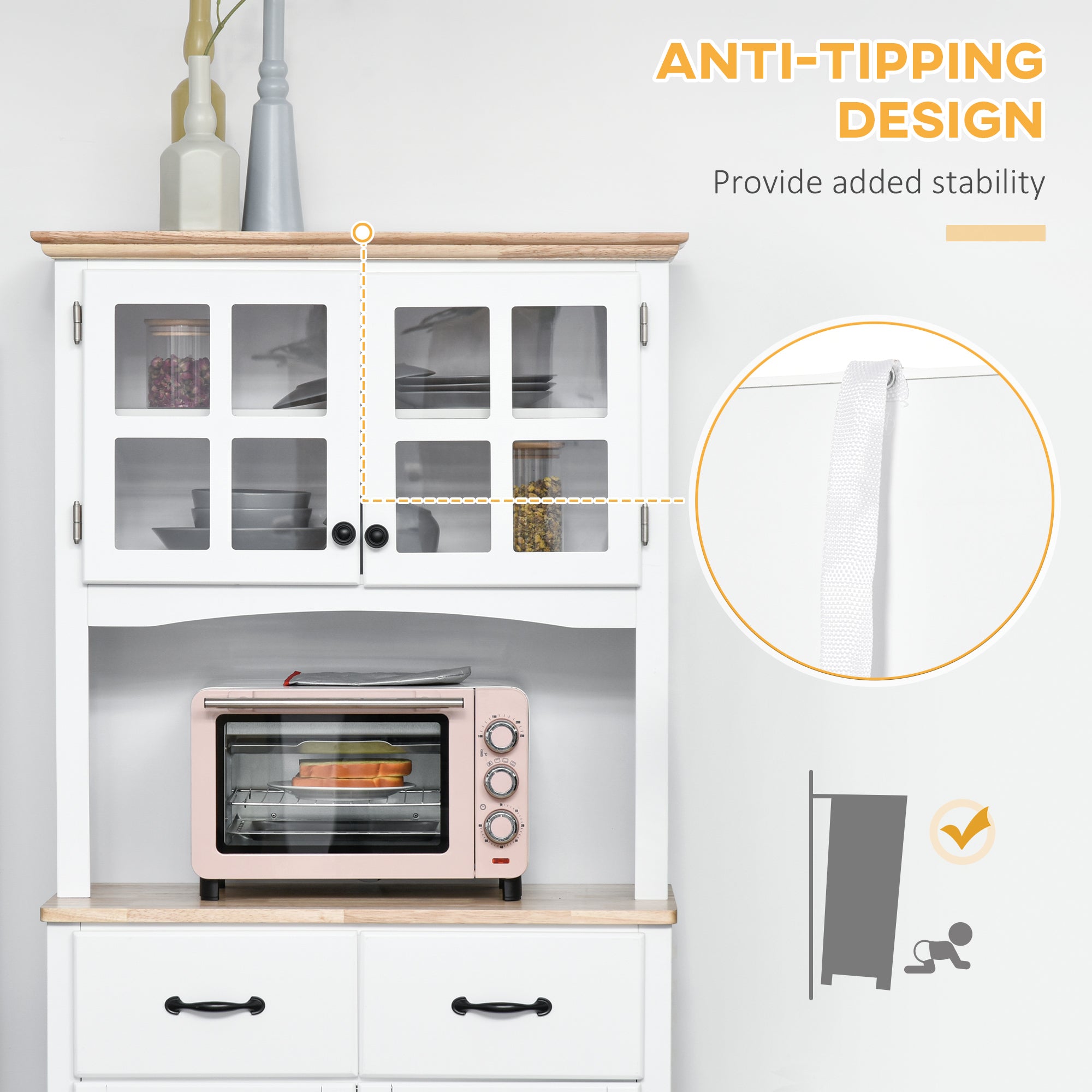 HOMCOM Freestanding Kitchen Cupboard, Kitchen Storage Cabinet with Framed Glass Doors, 2 Drawers, Microwave Counter, White - North Peak Garden Furniture