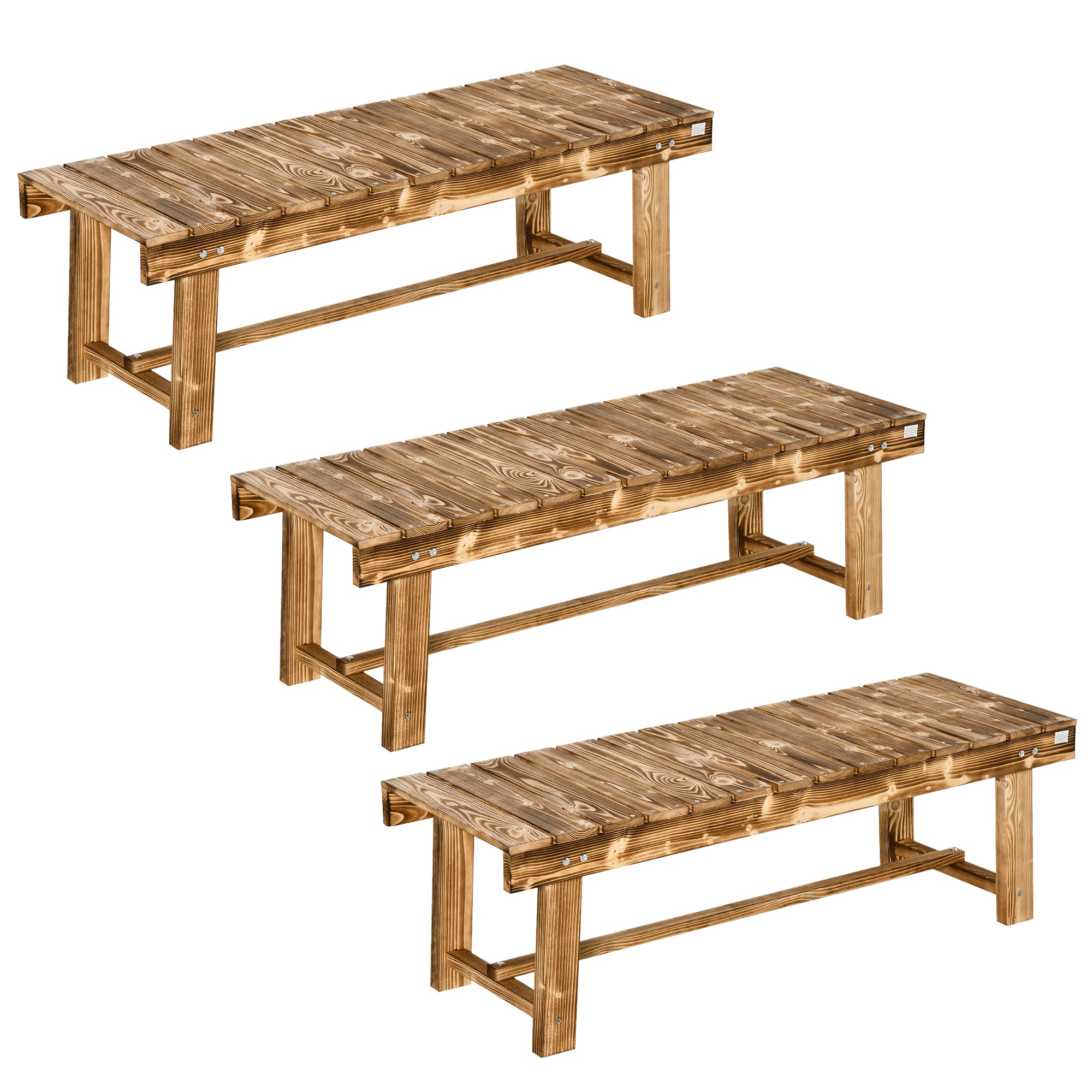 Outsunny 3 Pieces 2-seater Outdoor Indoor Wooden Garden Bench Fir Patio Loveseat, 110L x 38W x 35Hcm, Carbonised - North Peak Garden Furniture