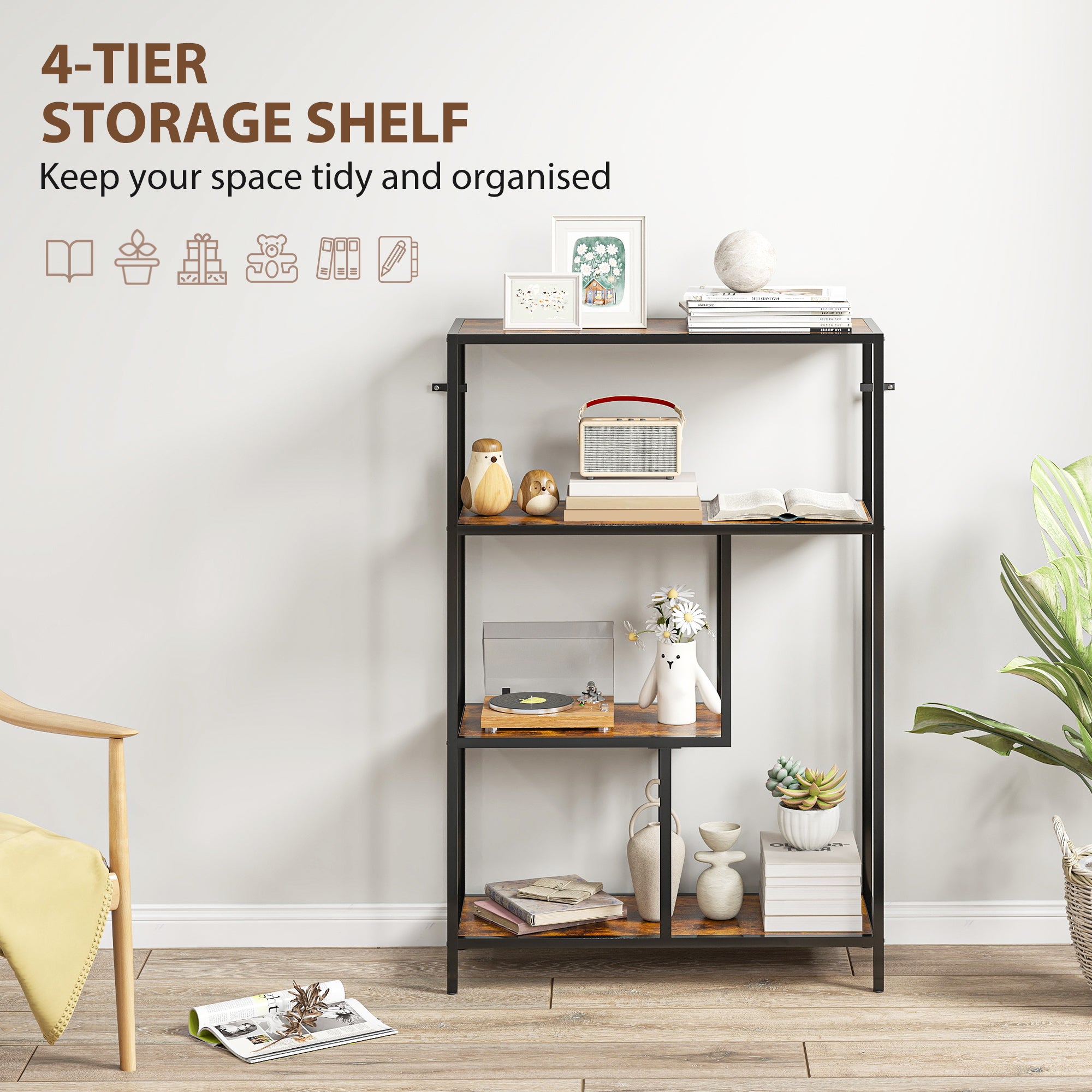 HOMCOM 4-Tier Bookshelf with Open Shelves - Rustic Brown - North Peak Garden Furniture