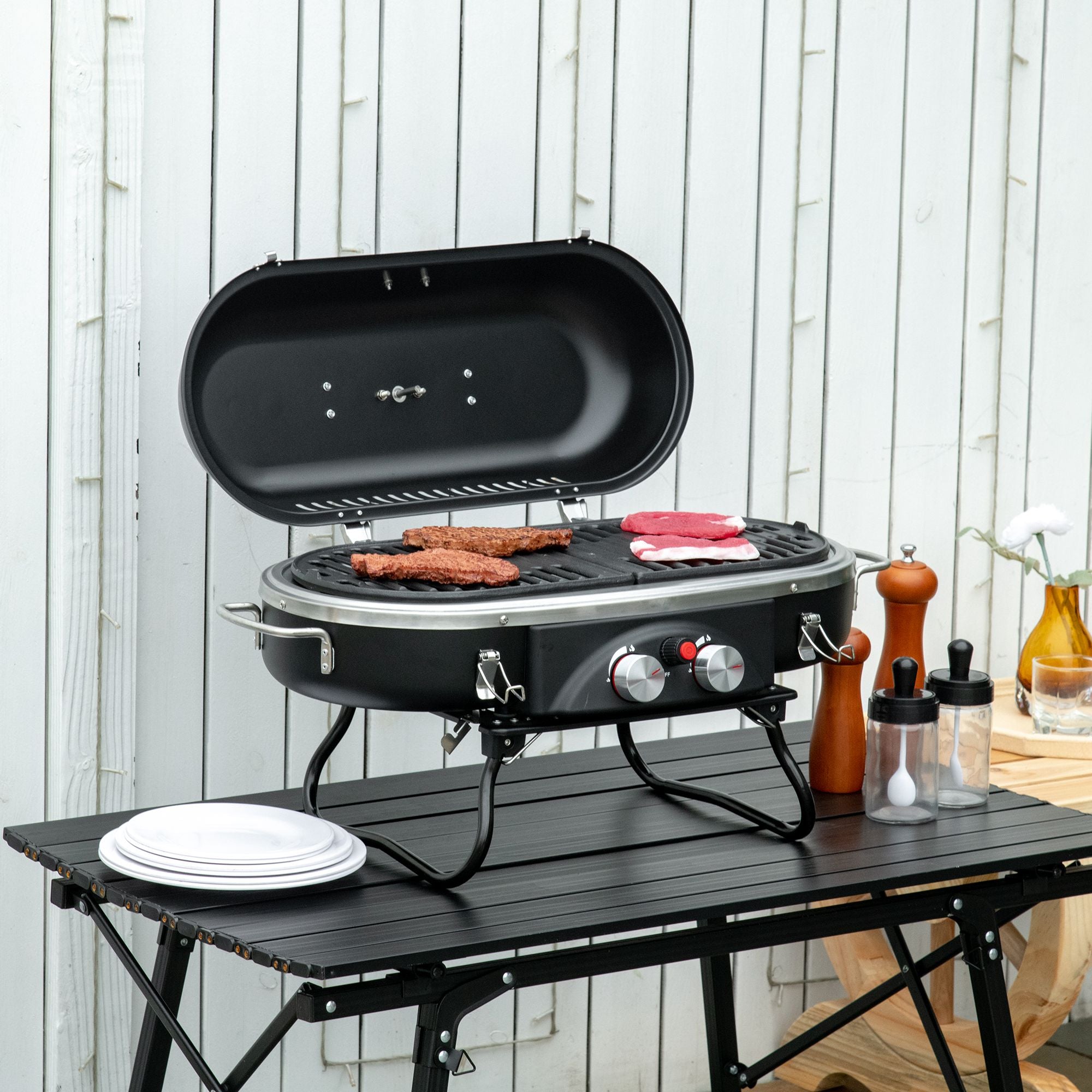 Outsunny Foldable Gas BBQ Grill 2 Burner Table Top Barbecue with Lid Piezo Ignition Thermometer for Camping Picnic Cooking, Aluminium Alloy - North Peak Garden Furniture