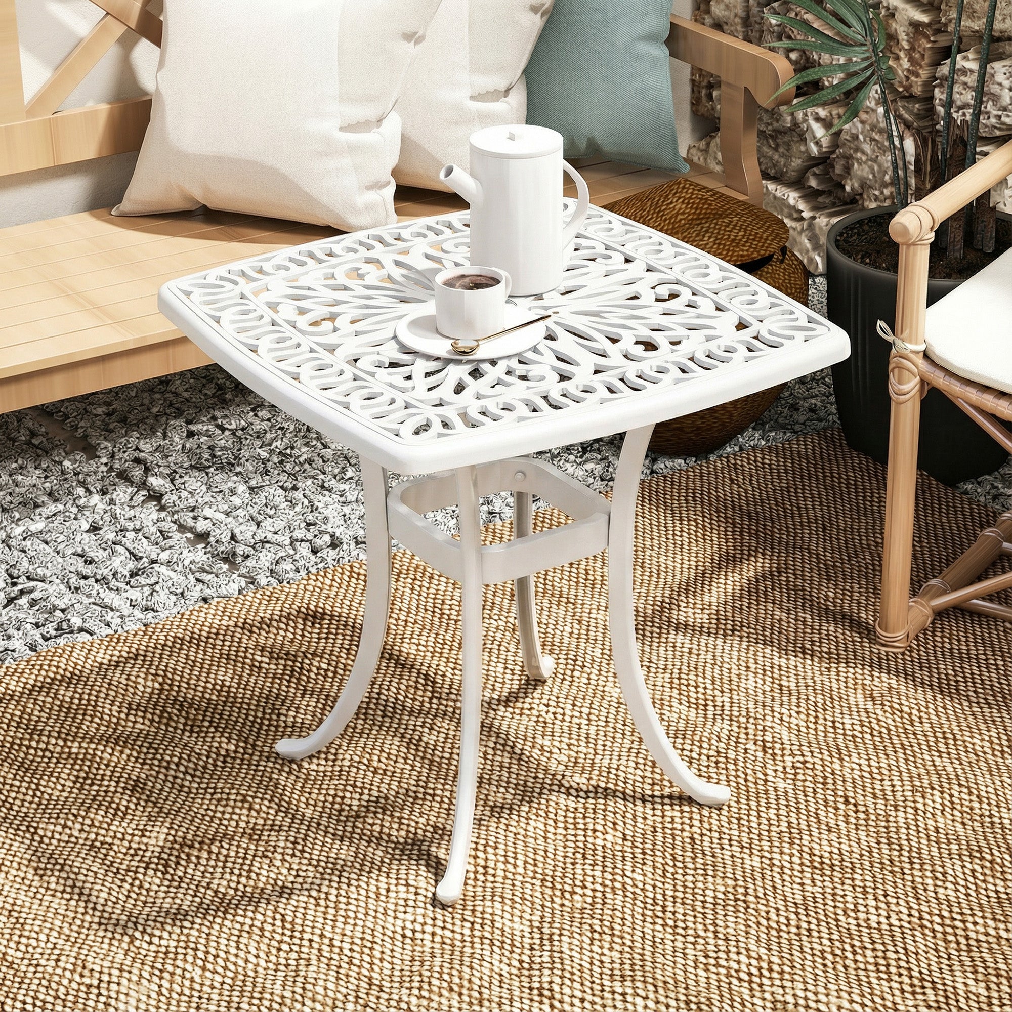 Outsunny Outdoor Garden Table with 38mm Dia. Umbrella Hole, Cast Aluminium Patio End Table with Anti-slip Foot Pads for Garden