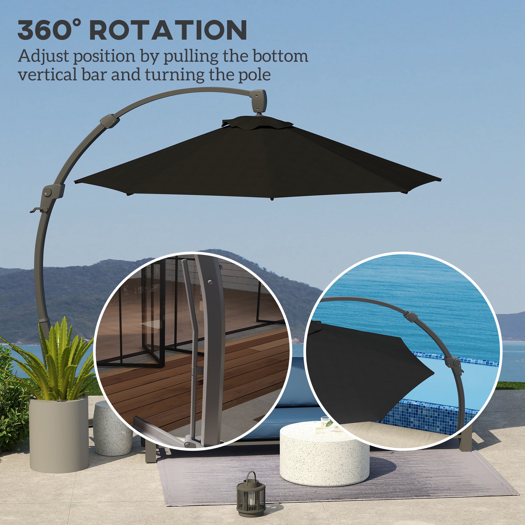Outsunny 3(m) Garden Cantilever Parasol, Round Overhanging Umbrella with Crank Handle, Cross Base, Aluminium Frame and 360° Rotation, Banana Patio Umbrella for Outdoor Sun Shade, Black - North Peak Garden Furniture