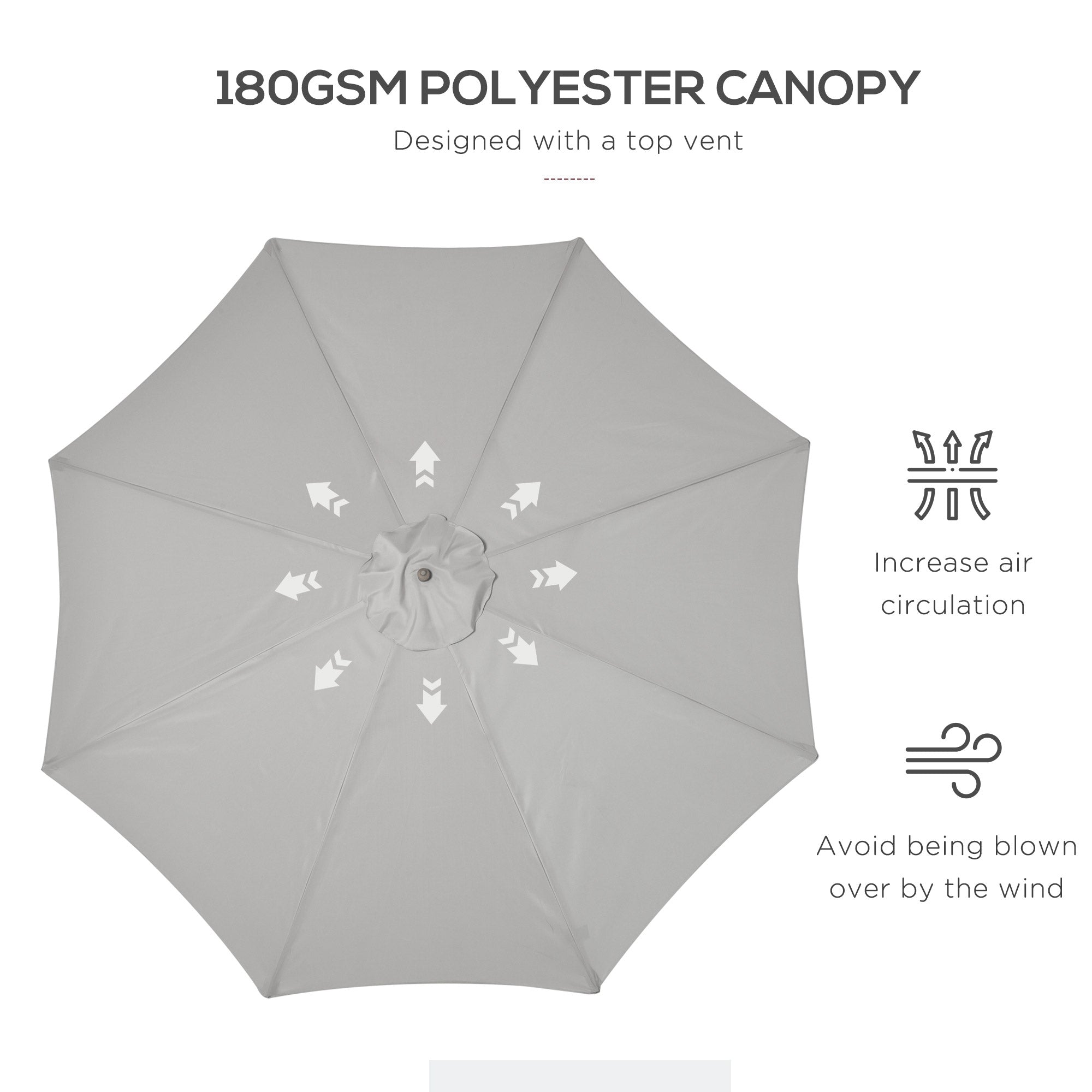 Outsunny 3(m) Garden Parasol, Pulley Operated Patio Umbrella, Wooden Table Market Umbrella with Rope Pulley Mechanism and 8 Ribs, Grey