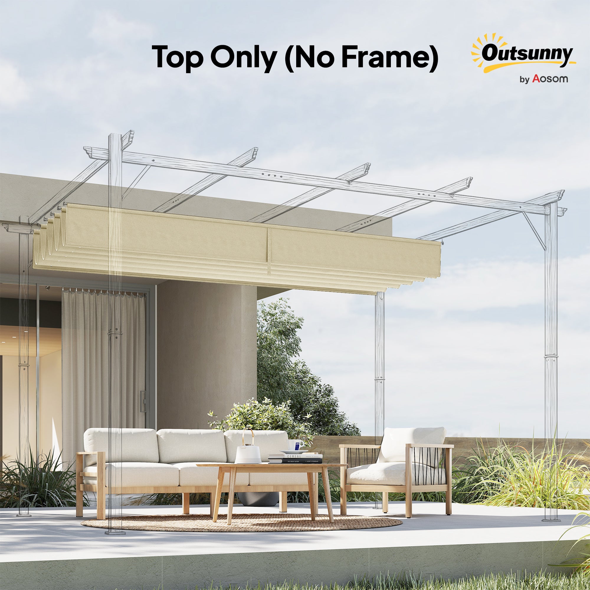 Outsunny Retractable Pergola Shade Cover, Replacement Canopy for 4 x 3 (m) Pergola, Retractable Roof, Cream White