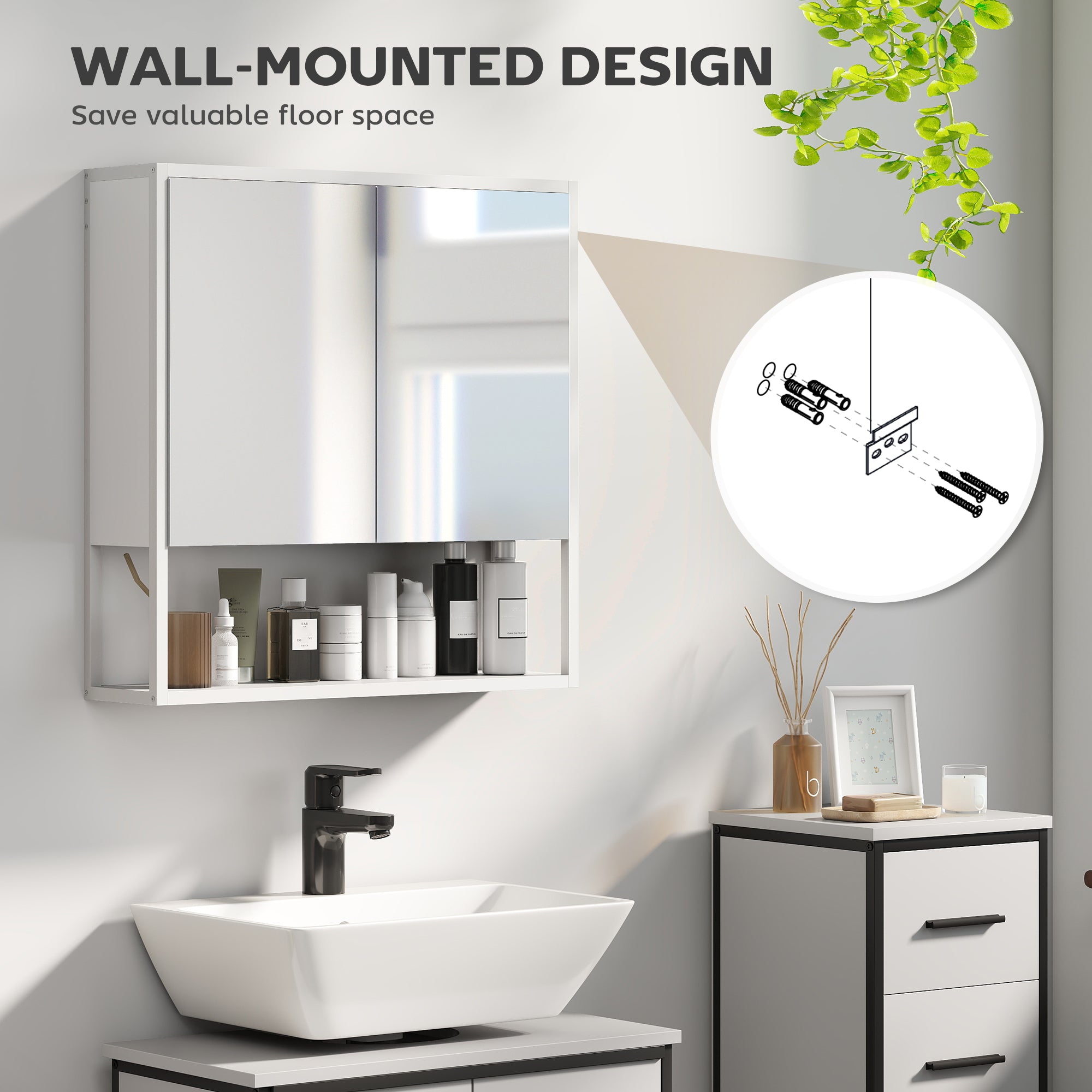 HOMCOM Bathroom Mirror Cabinet with Soft-Close Doors and Adjustable Shelf - White