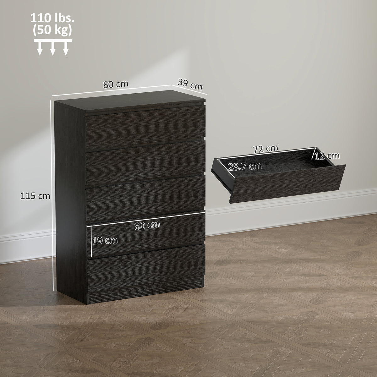 HOMCOM Chest of Drawers, 5 Drawer Dresser, Modern Storage Cabinet with 5 Drawers, for Bedroom, Living Room, Black