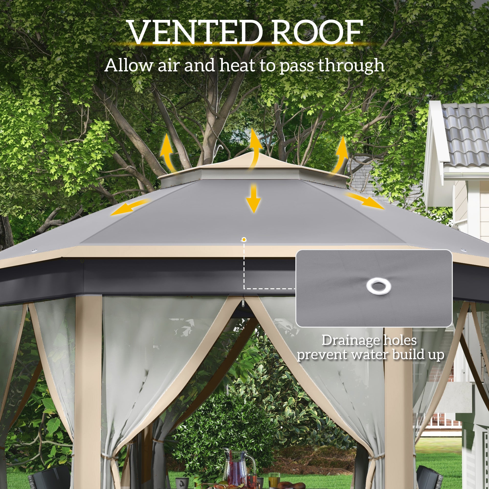 Outsunny Hexagon Pop Up Gazebo Outdoor Patio Gazebo Double Roof Instant Shelter with Netting, 3 x 4m, Khaki - North Peak Garden Furniture