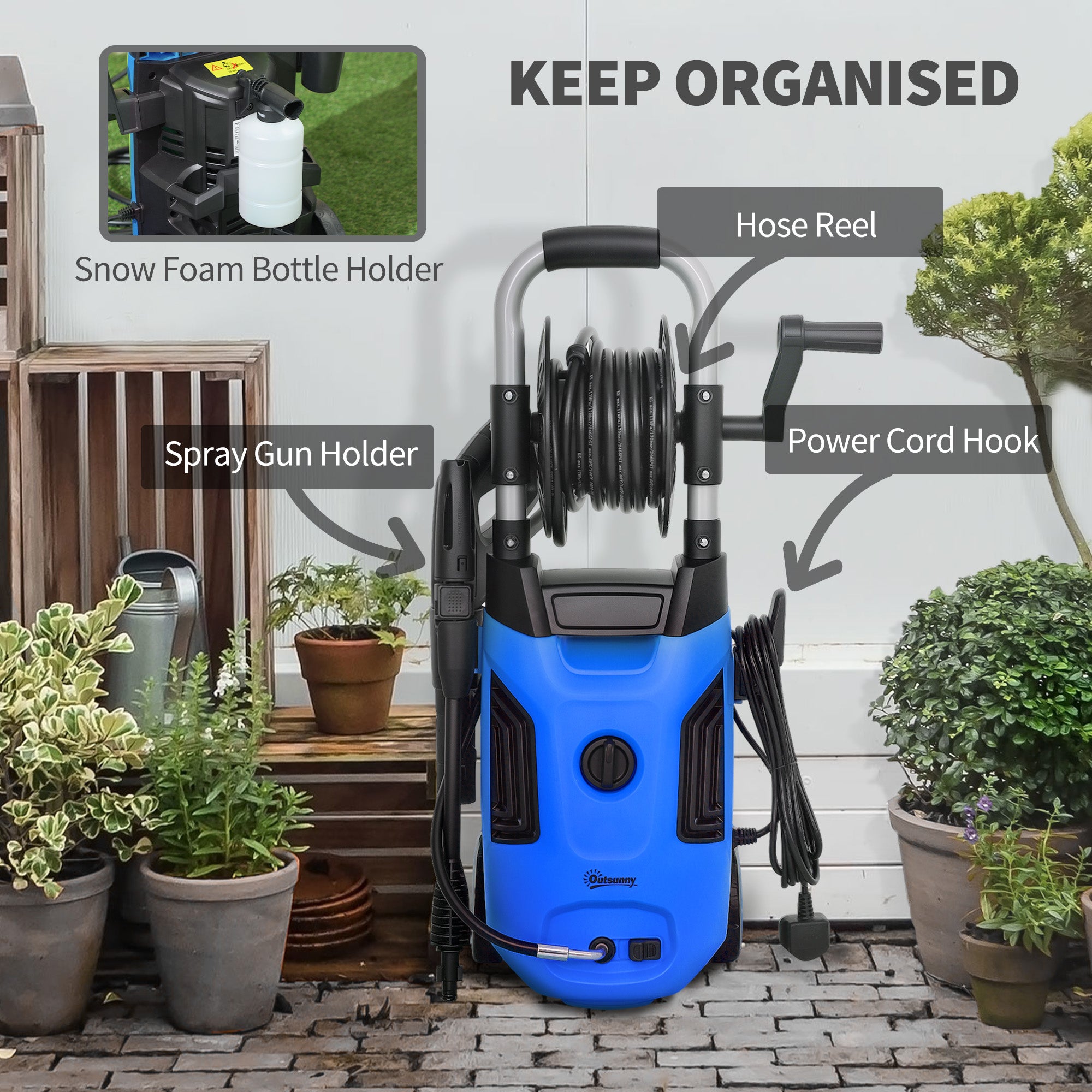 Outsunny 1800W High Pressure Washer, 150 Bar Pressure, 420 L/h Flow, Portable Power Washer Jet Wash Cleaner with Adjustable Nozzle, 6M Hose, Hose Reel, Steel Handle for Home Patio Car Driveway, Blue - North Peak Garden Furniture