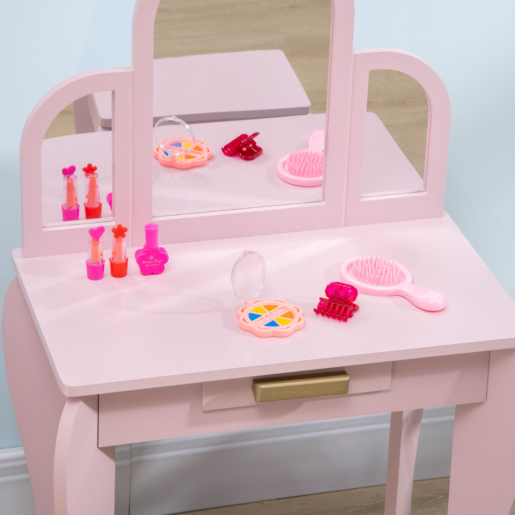 HOMCOM Kids Dressing Table Set, with Mirror and Drawer - Pink