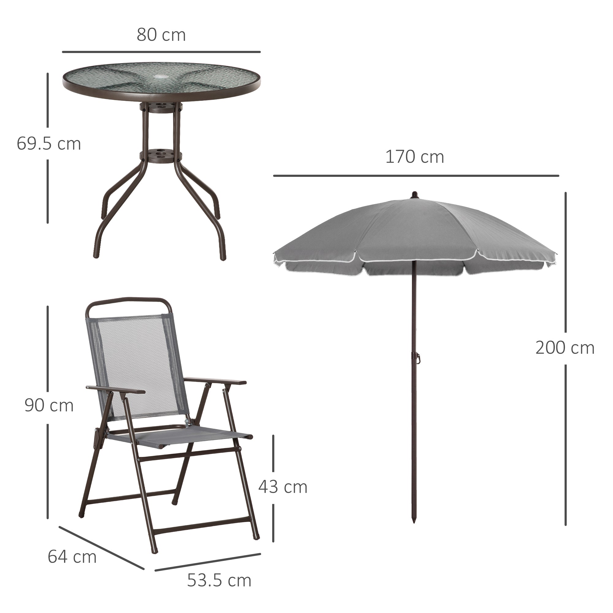Outsunny 6 Piece Garden Dining Set with Umbrella, Patio Sets with Parasol with 4 Folding Dining Chairs & Round Tempered Glass Table, Grey - North Peak Garden Furniture