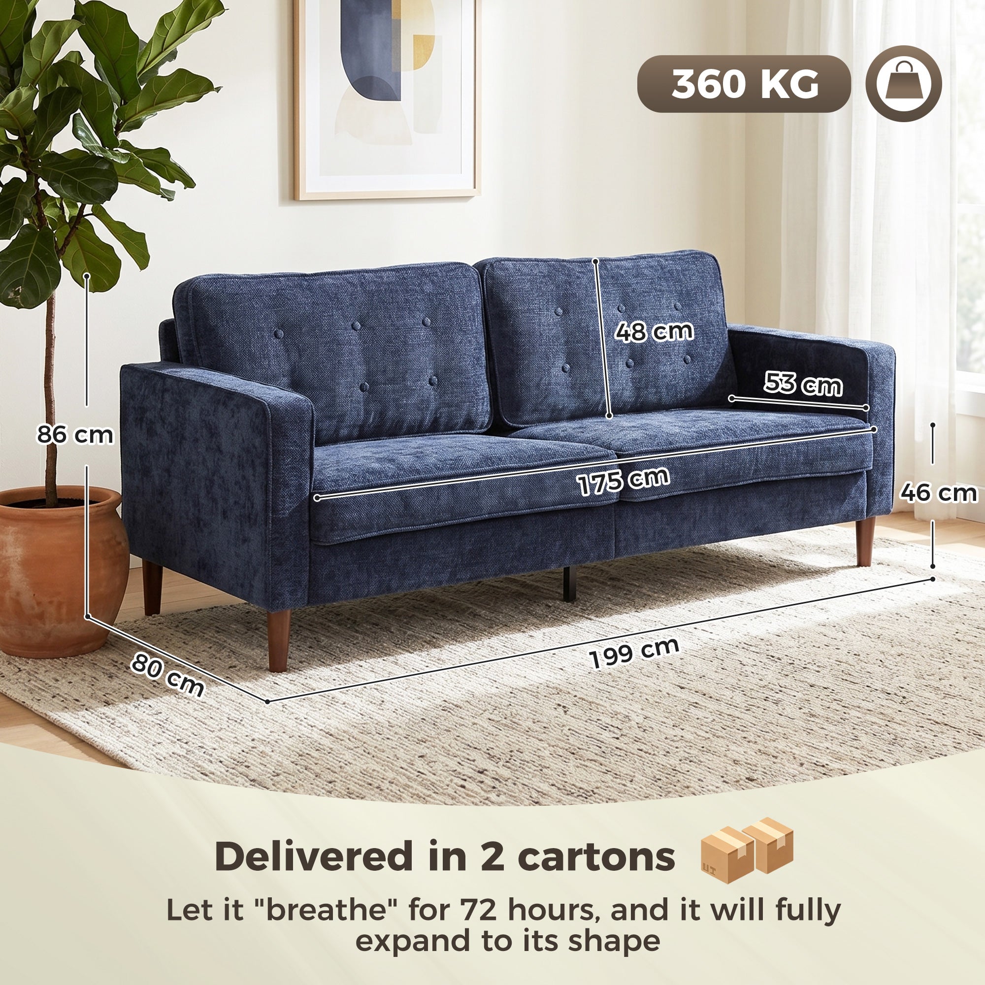 HOMCOM 3 Seater Sofa Button Tufted Upholstered Couch with Wood Legs for Living Room, Dark Blue
