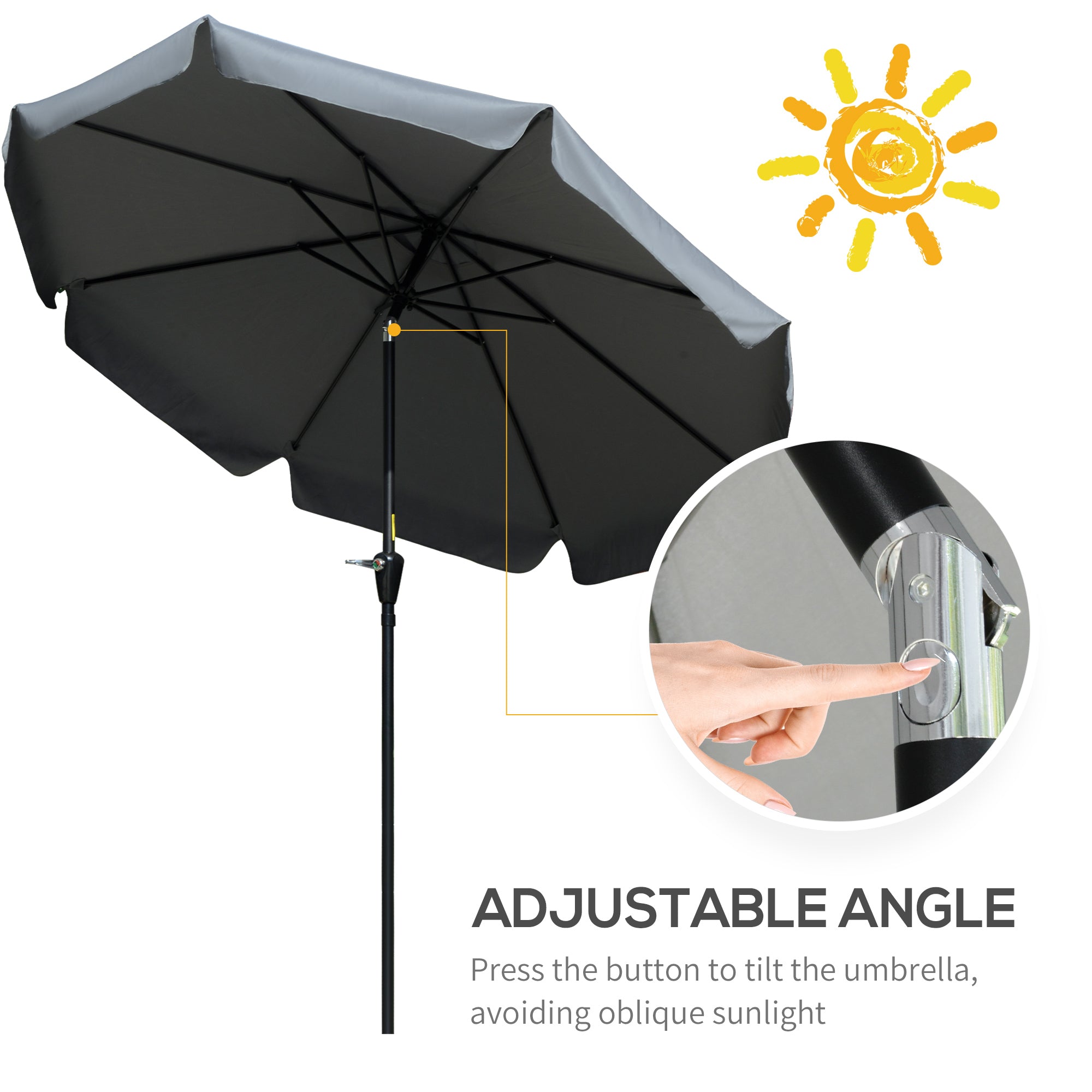 Outsunny 2.7m Patio Parasol Garden Umbrellas Outdoor Sun Shade Table Umbrella with Tilt, Crank, 8 Ribs, Ruffles, Grey - North Peak Garden Furniture