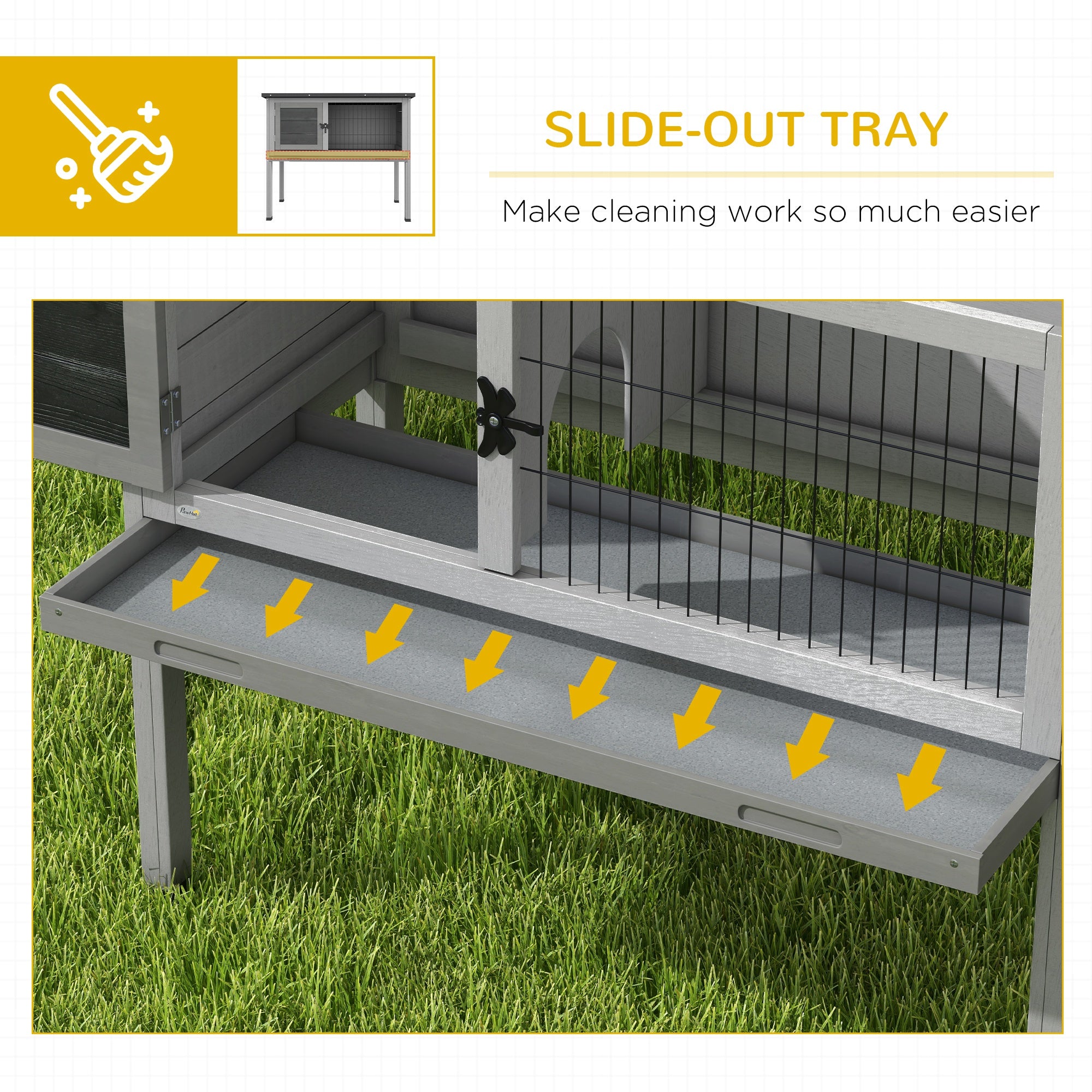 PawHut Wooden Guinea Pig Hutch, Small Animal Cage with Slide-out Tray, Openable Asphalt Roof, 84 x 43 x 70cm, Grey - North Peak Garden Furniture