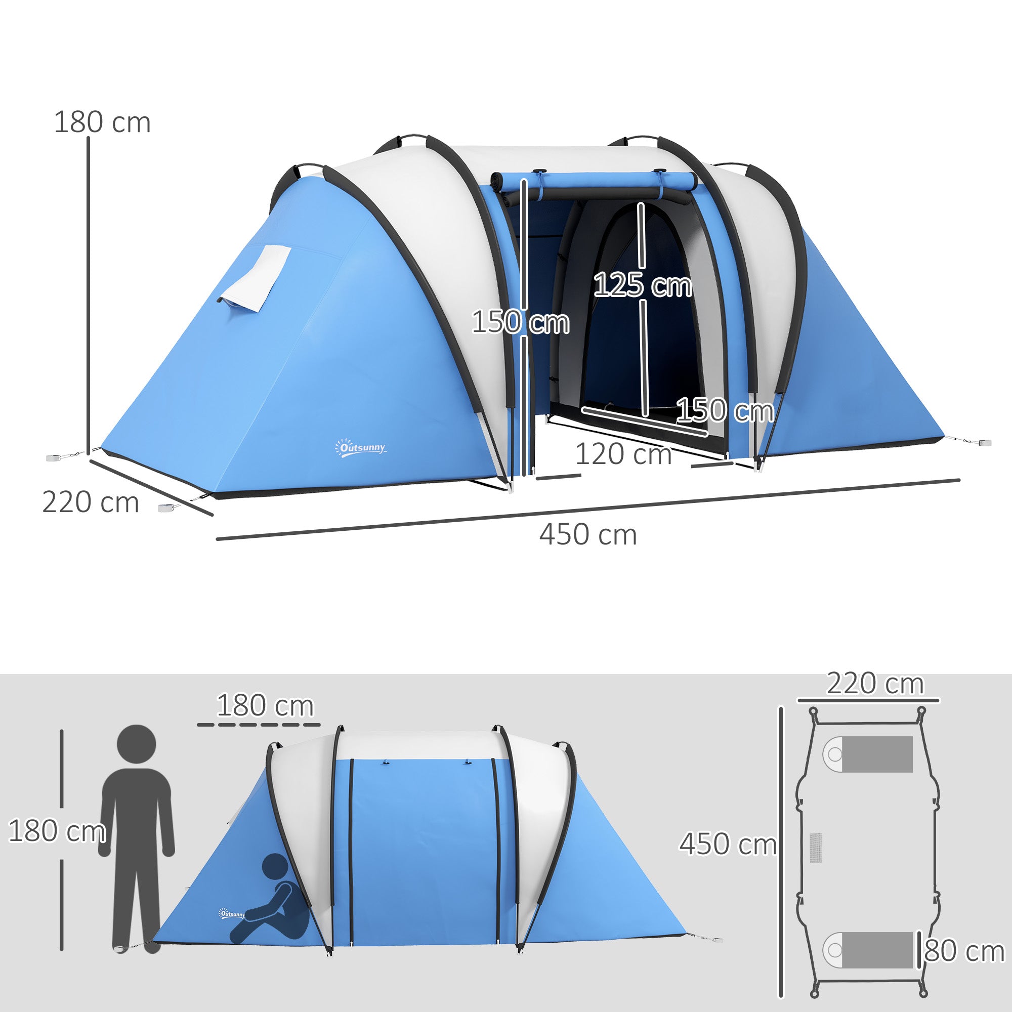 Outsunny Camping Tent with 2 Bedrooms and Living Area, 3000mm Waterproof Family Tent, for Fishing Hiking Festival, Blue - North Peak Garden Furniture