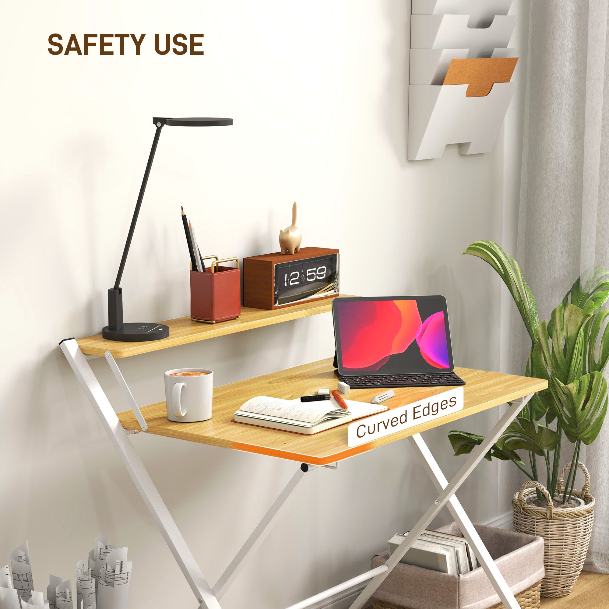 HOMCOM Compact Folding Desk for Small Spaces, Foldable Computer Desk with Storage Shelf for Home Office, 2-Tier Study Writing Table, 86 x 66 x 82 cm, Maple Wood-effect - North Peak Garden Furniture