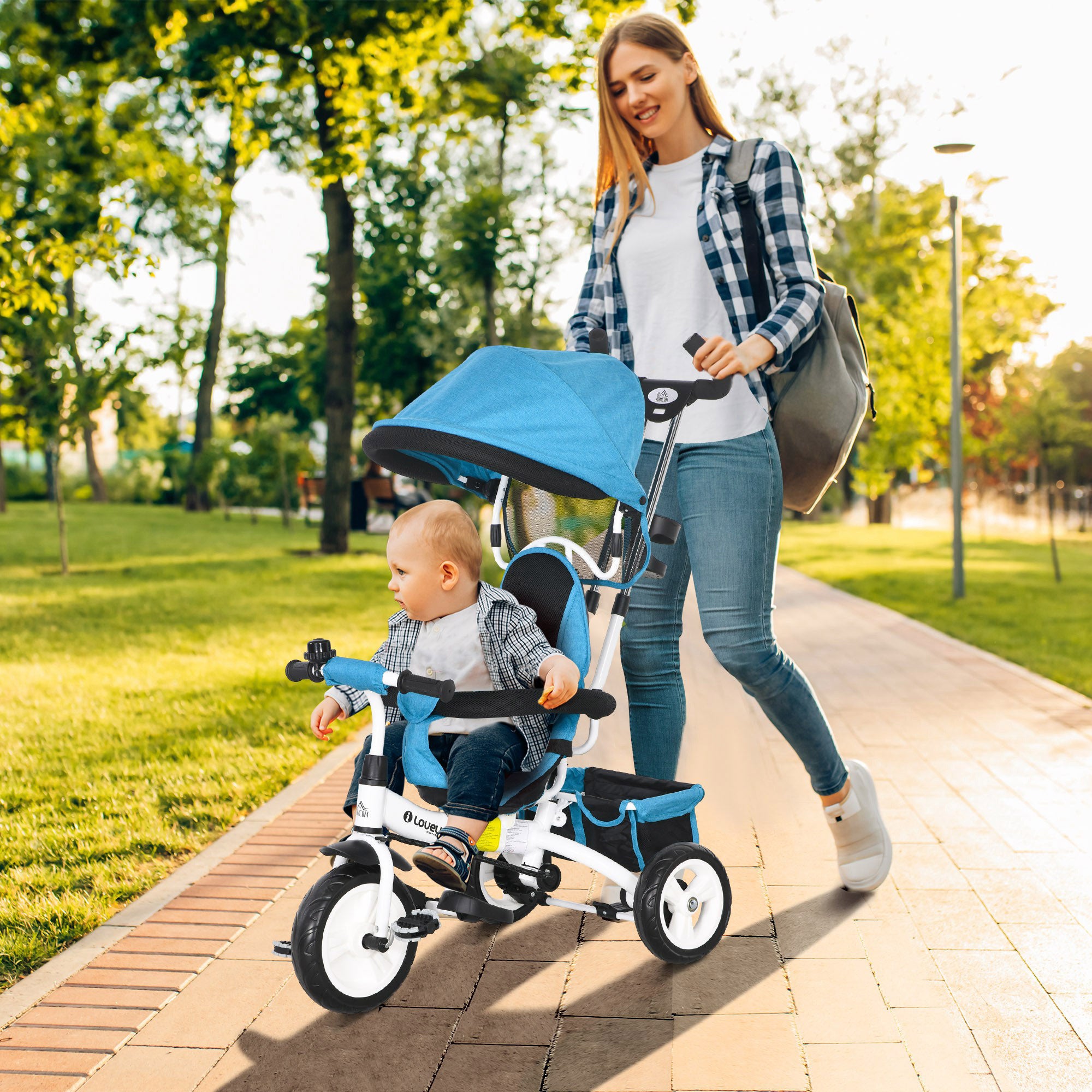 HOMCOM 6 in 1 Kids Trike Push Bike w/ Push Handle, Canopy, 5-point Safety Belt, Storage, Footrest, Brake, for 1-5 Years, Blue - North Peak Garden Furniture