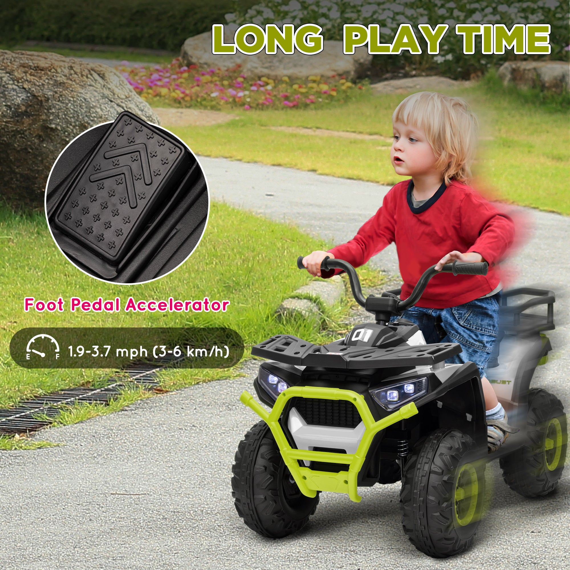 AIYAPLAY 12V Kids Electric Ride on ATV, Battery Powered Quad Bike w/ Spring Suspension, Forward Backward, Storage Basket - Green - North Peak Garden Furniture