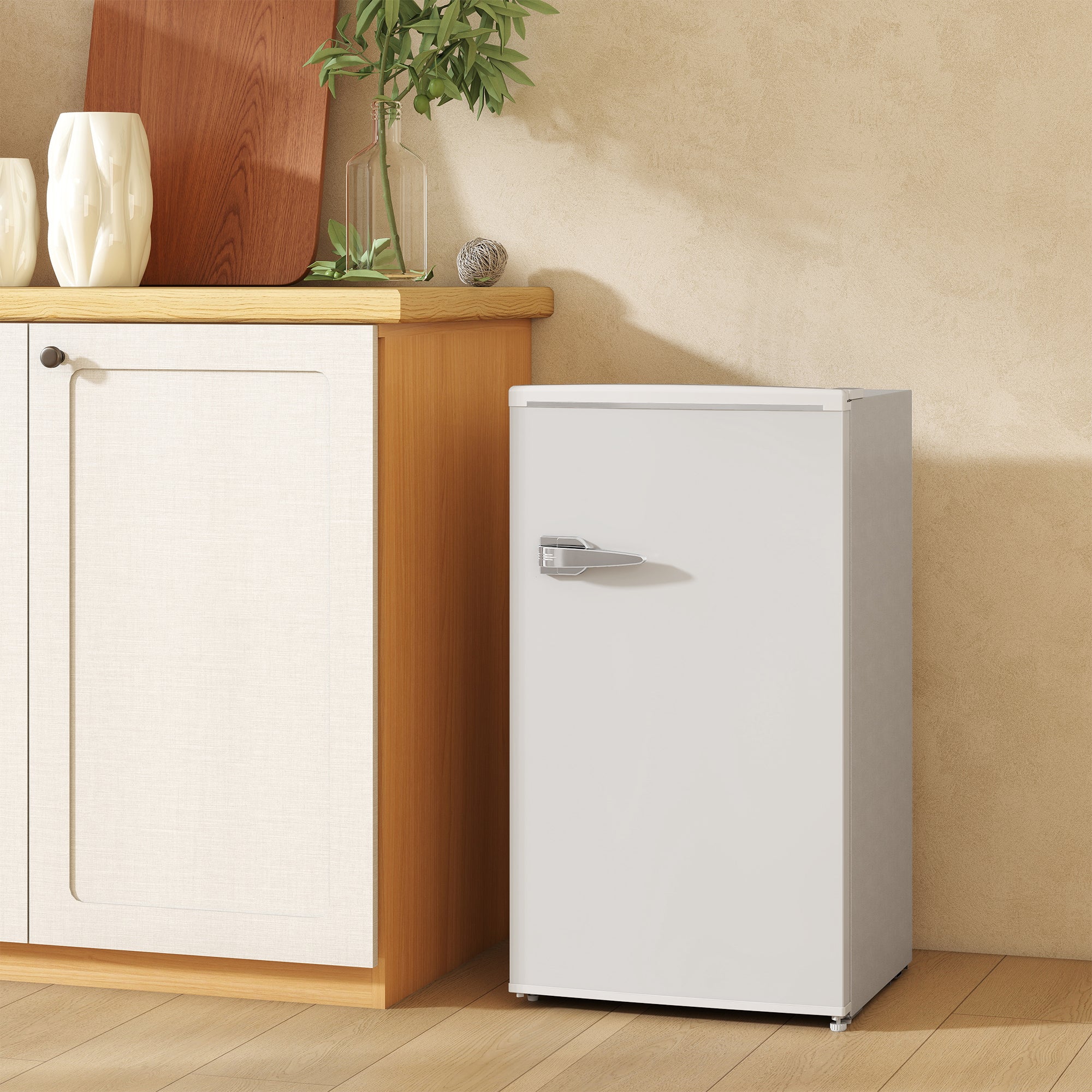 HOMCOM Under Counter Fridge, 85L Small Retro Refrigerator with Chiller Box, Adjustable Thermostat, Glass Shelves, White - North Peak Garden Furniture
