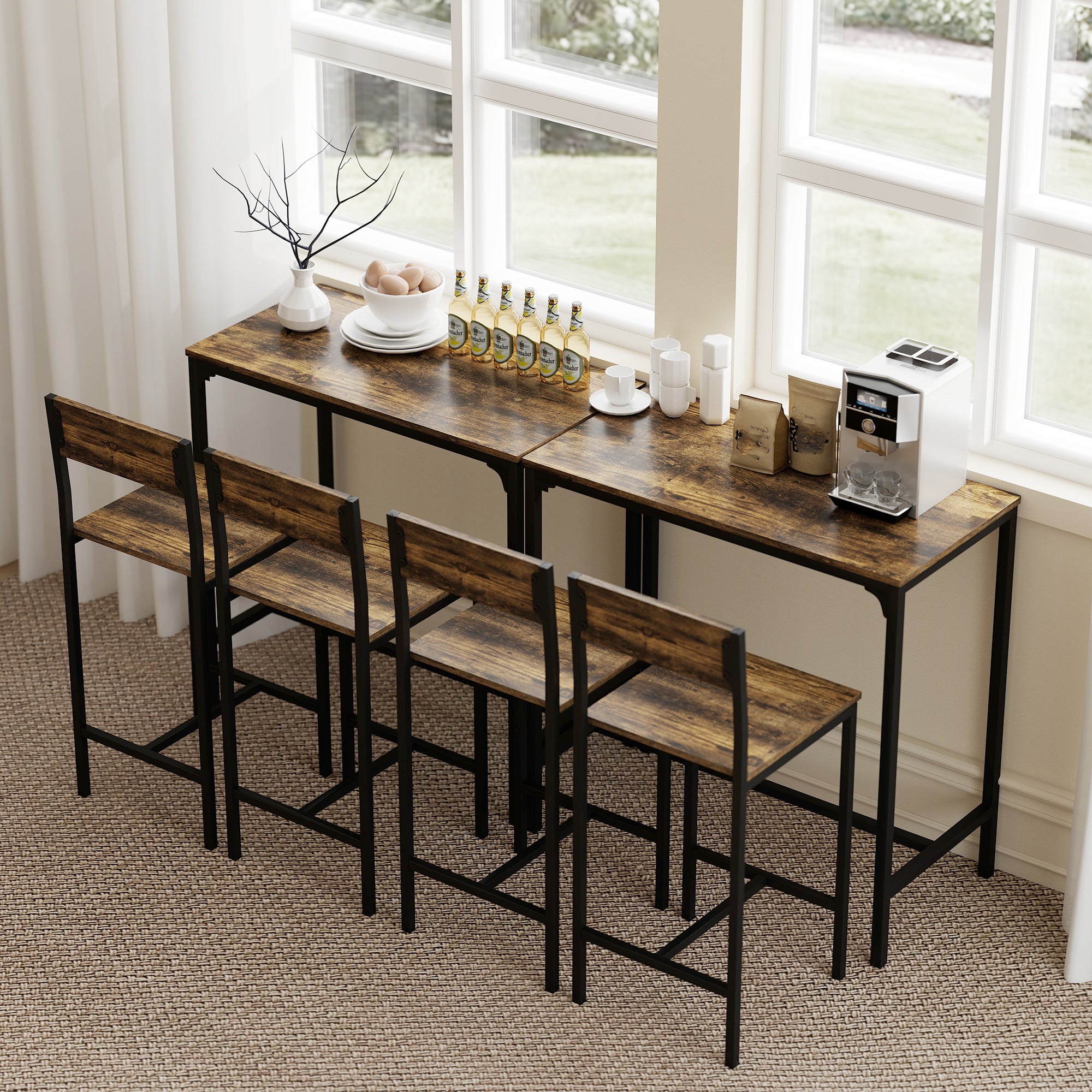 HOMCOM 3-Piece Bar Table Set with 2 Stools, Industrial Breakfast Bar Set with Footrest, Backrest for Dining Room, Small Space