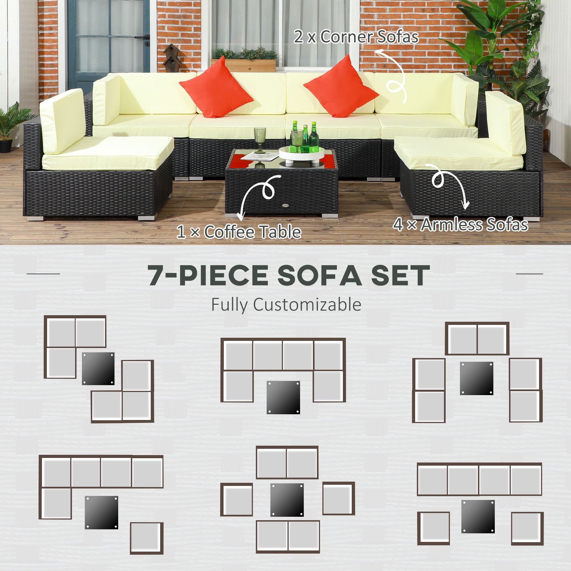 Outsunny 7 Pieces PE Rattan Garden Furniture Set w/ Thick Padded Cushion, Patio Garden Corner Sofa Sets w/ Glass Coffee Table and Pillows | Aosom UK