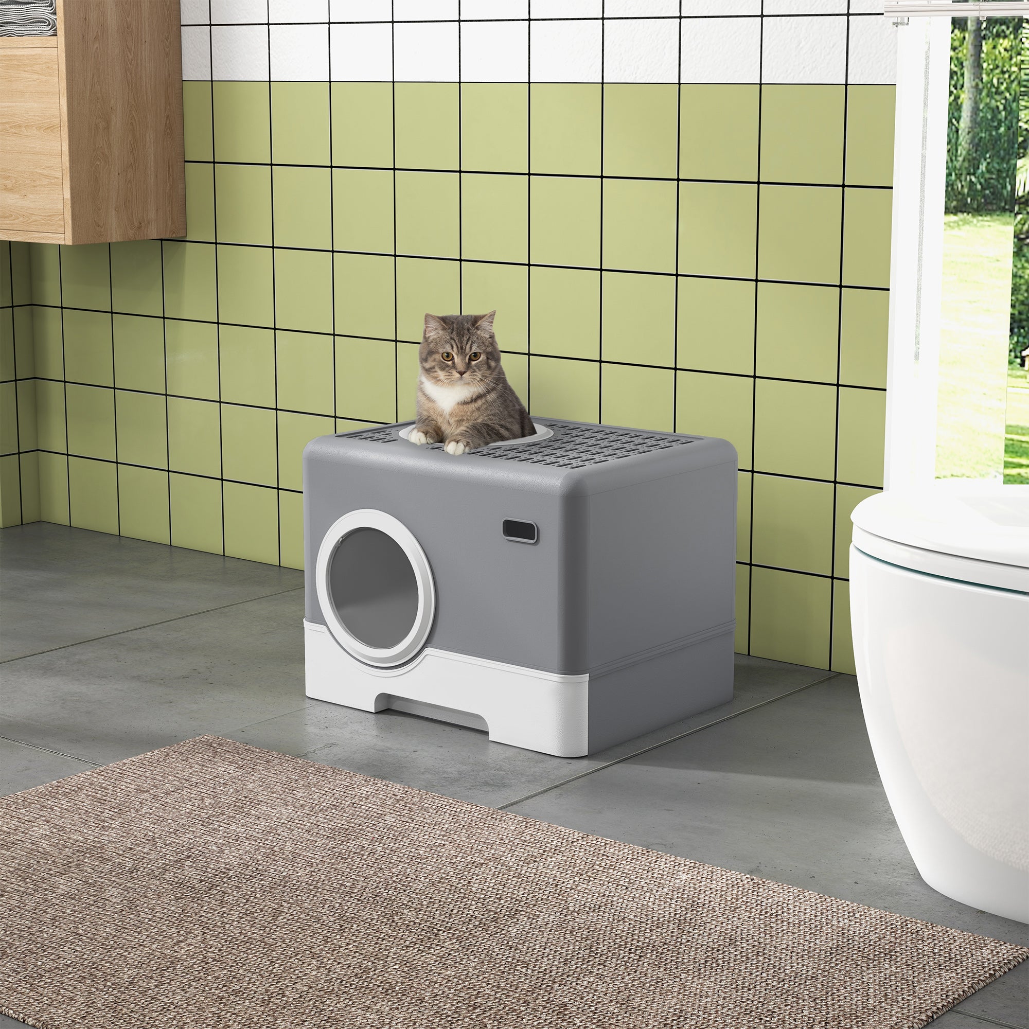 PawHut Enclosed Cat Litter Box, with Lid, Front Entry, Top Exit, Pull-Out Tray, Scoop - Grey - North Peak Garden Furniture