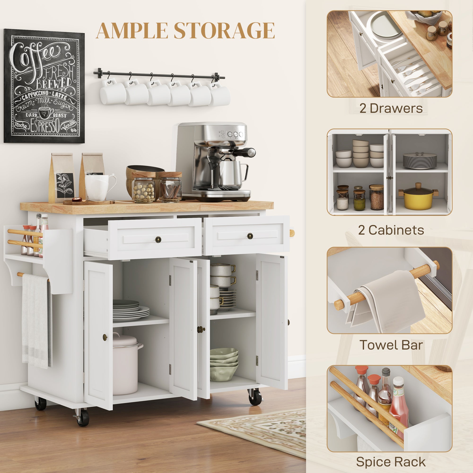 HOMCOM Rolling Kitchen Island Storage Trolley with Rubber Wood Top & Drawers for Dining Room, Cream White - North Peak Garden Furniture