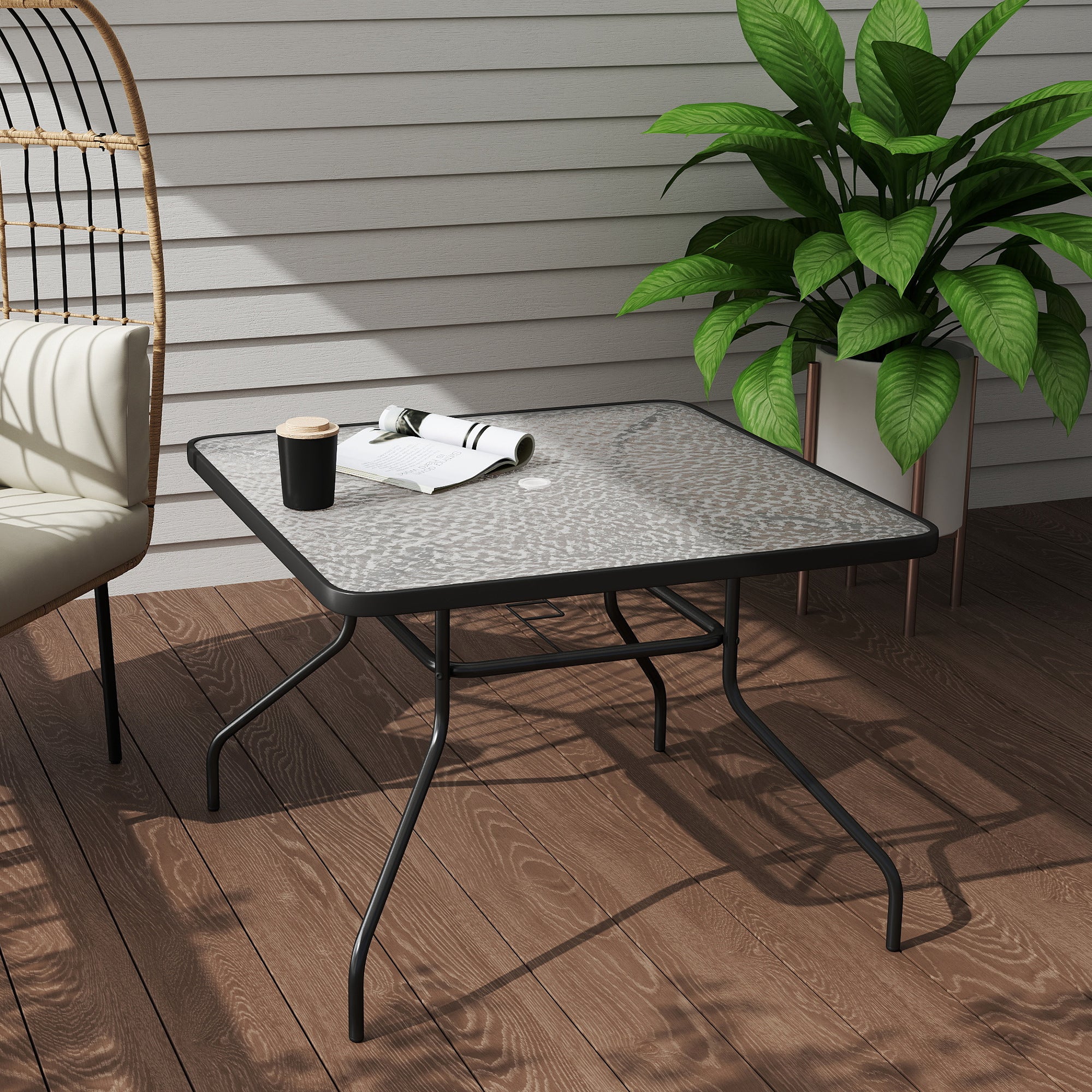 Outsunny Square Garden Dining Table with Tempered Glass Top & Umbrella Hole, 100 x 100 cm - North Peak Garden Furniture