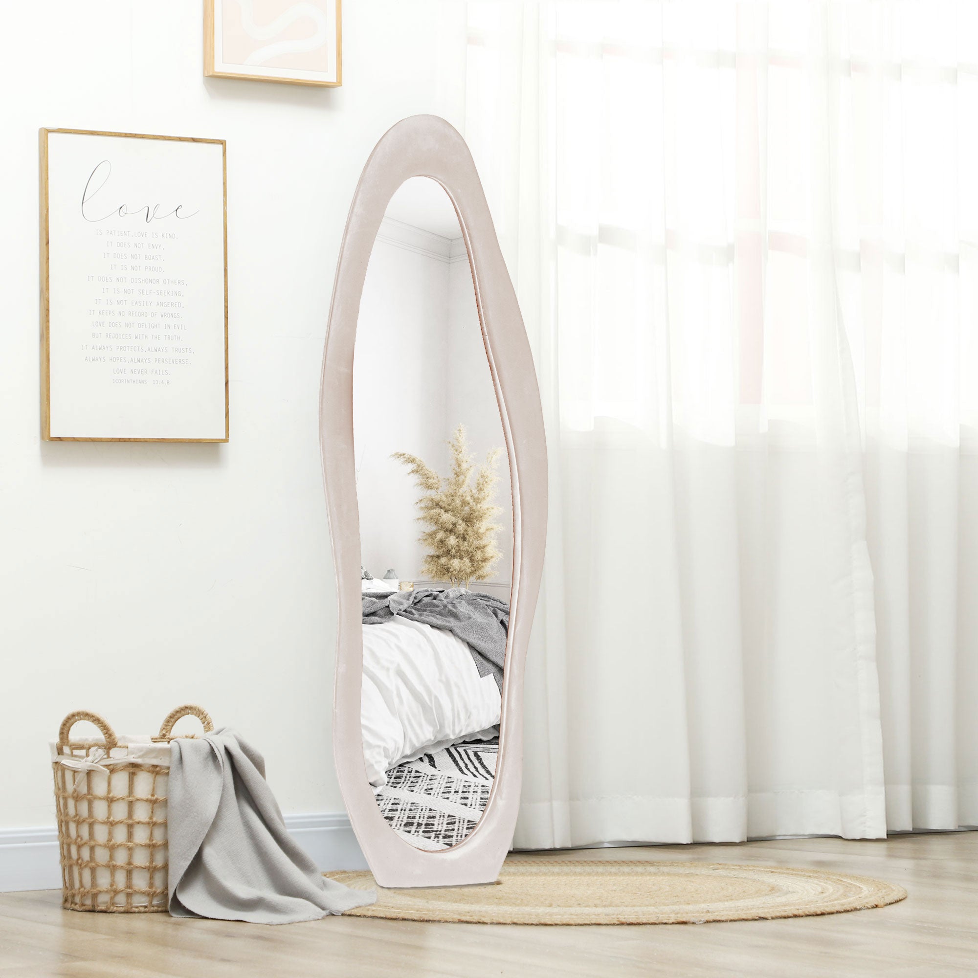 HOMCOM Wavy Velvet-Feel Full Length Mirror - Light Pink - North Peak Garden Furniture