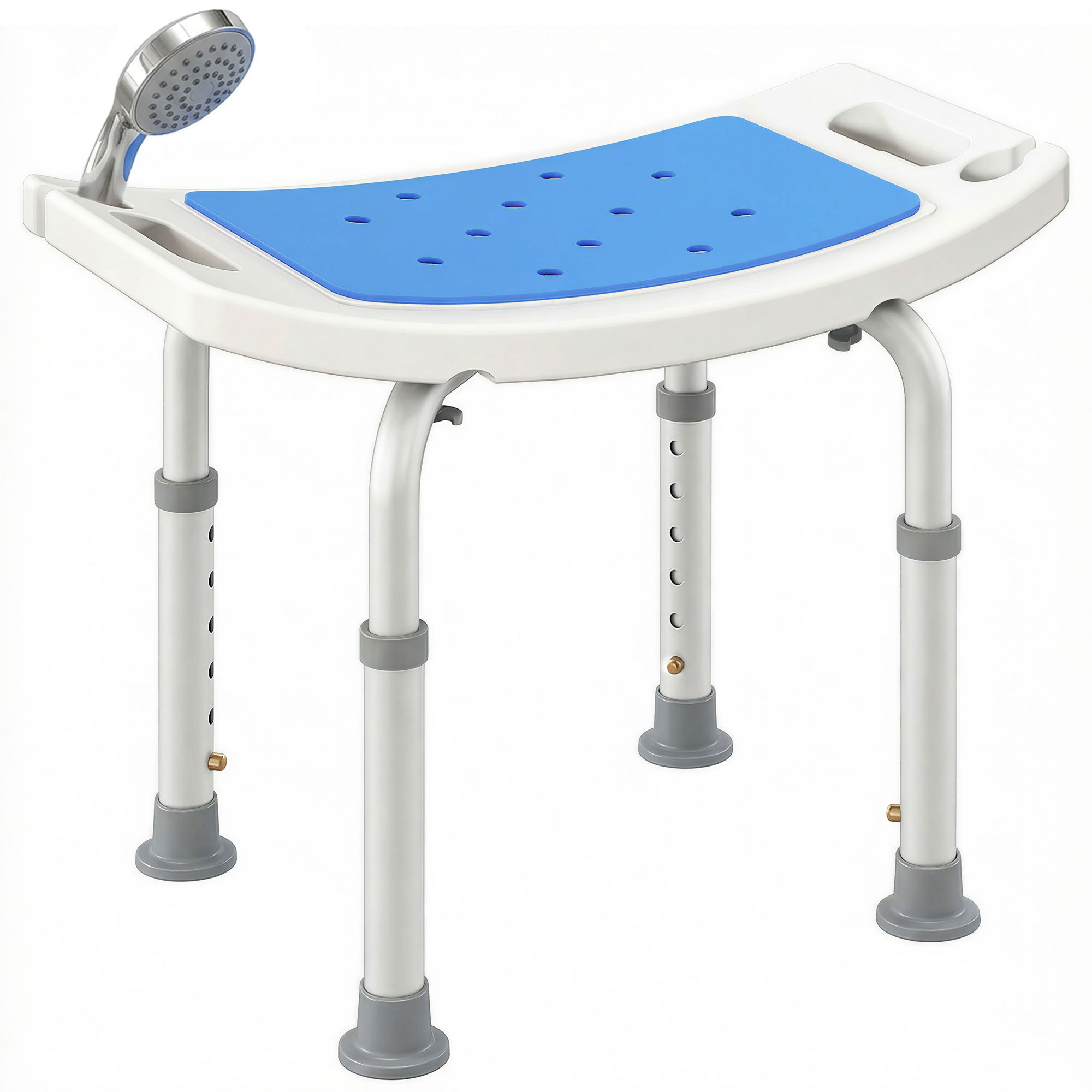 HOMCOM 6-Level Height Adjustable Aluminium Bath Room Stool Chair Shower Non-Slip Design w/ Padded Seat Drainage Holes Foot Pad, Blue