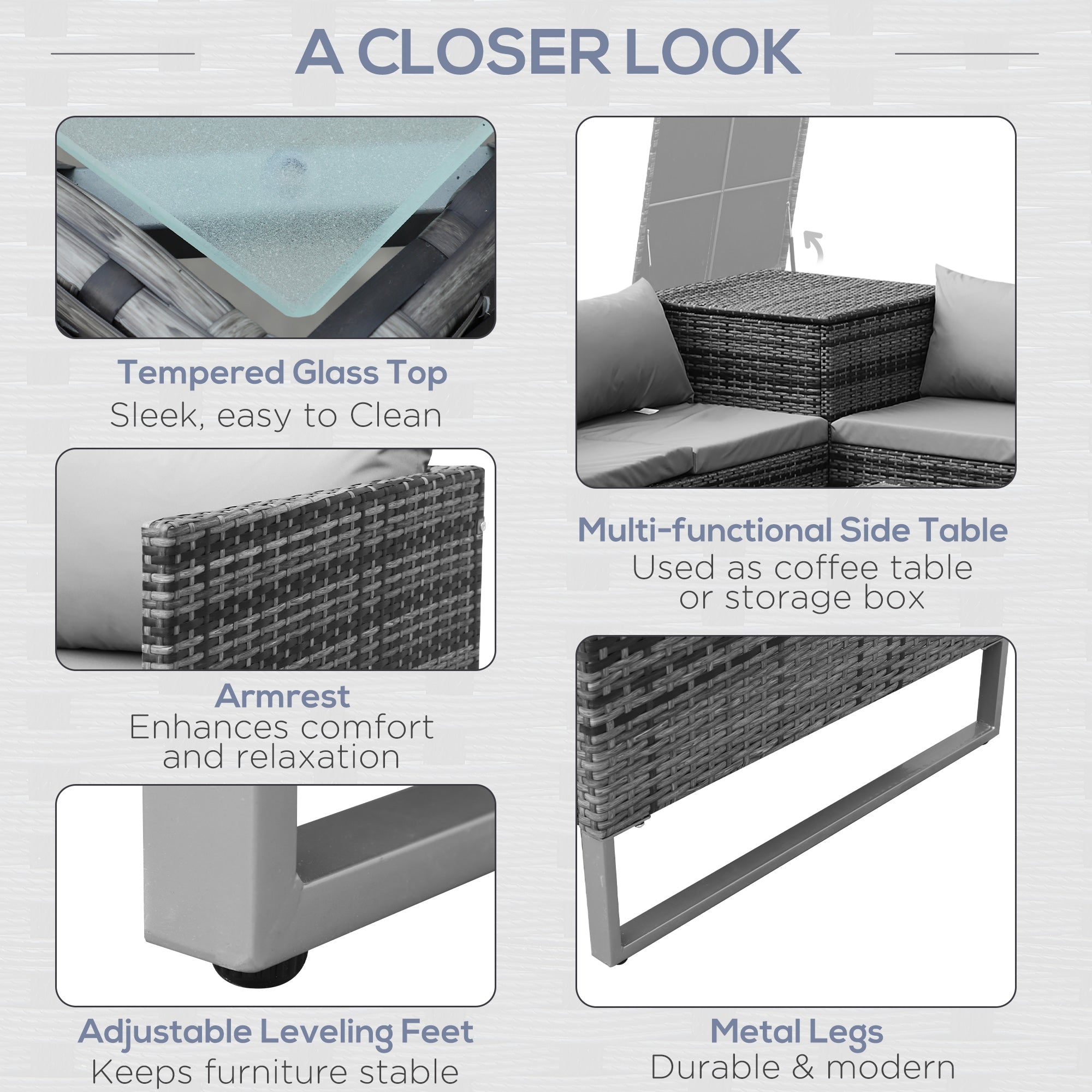 Outsunny 4pc Garden Rattan Wicker Outdoor Furniture Patio Corner Sofa Love Seat and Table Set  with Cushions Side Desk Storage, Mixed Grey