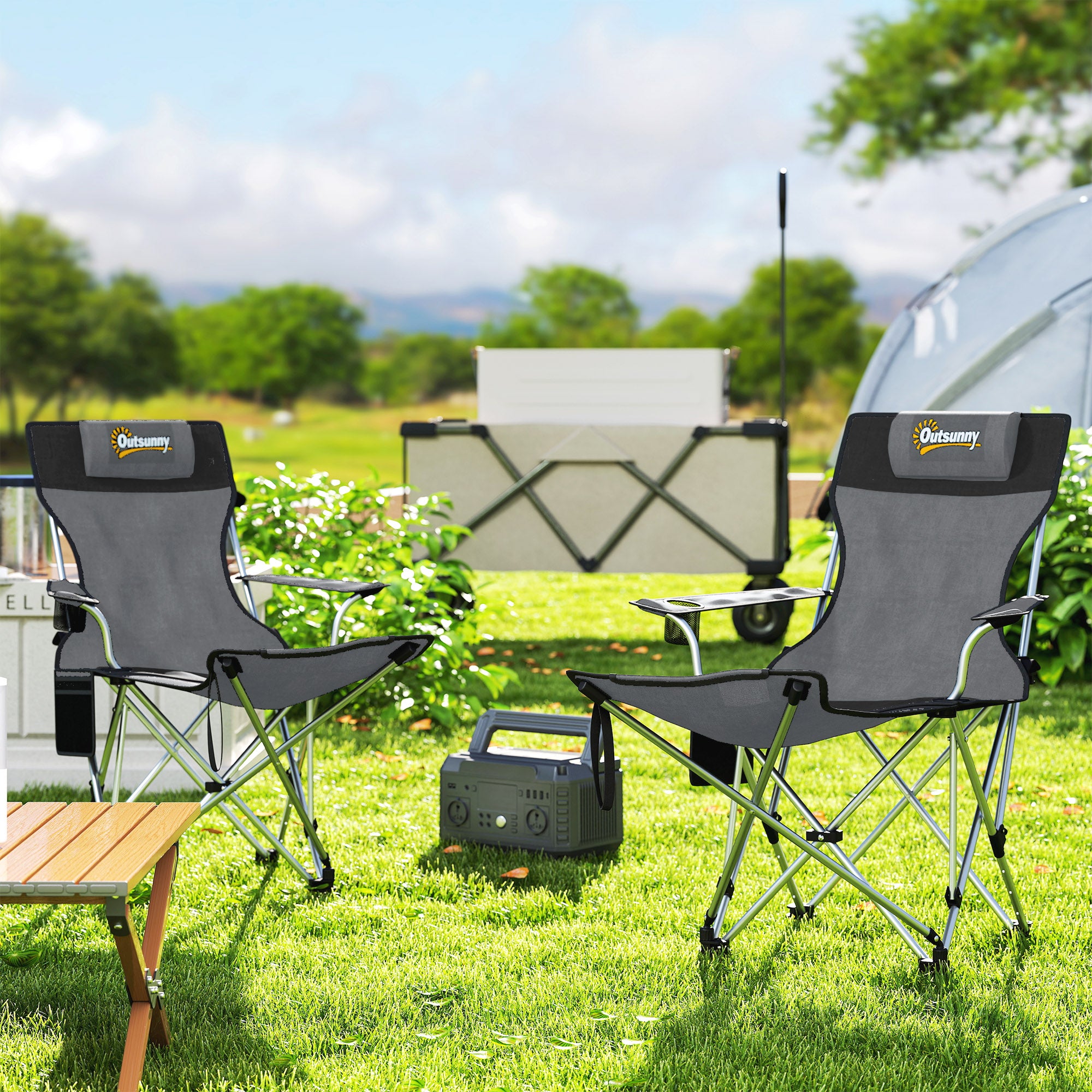 Outsunny Set of 2 Reclining Folding Camping Chair w/ Detachable Footrest, Storage Bag, Cup Holder & Headrest, Lightweight Portable Camp Chair for Beach, Picnic, Grey and Black - North Peak Garden Furniture