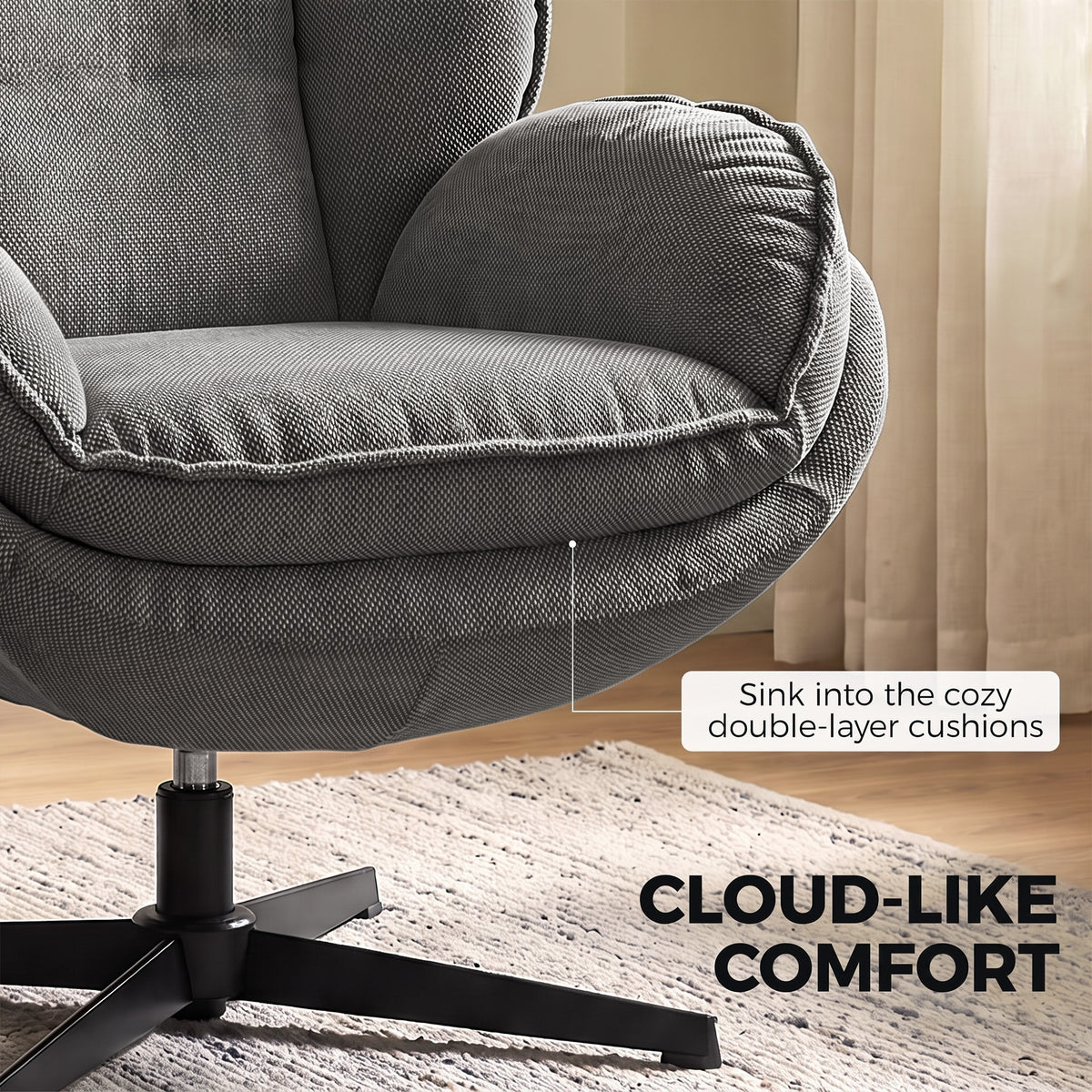 HOMCOM Armchair with Adjustable Footstool, 360-Degree Swivel Chenille Cloud Accent Chair with Thick Cushion, Steel Base, Grey