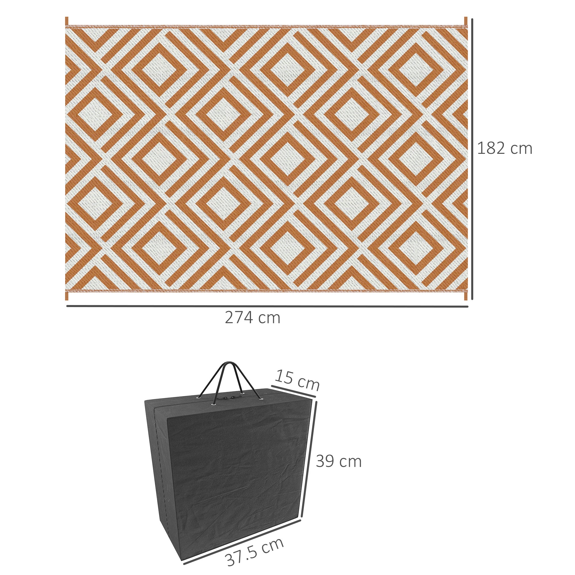 Outsunny Reversible Outdoor Rug, Plastic Straw Mat w/ Carry Bag Ground Stakes for Garden RV Picnic Beach Camping 182x274cm Brown - North Peak Garden Furniture