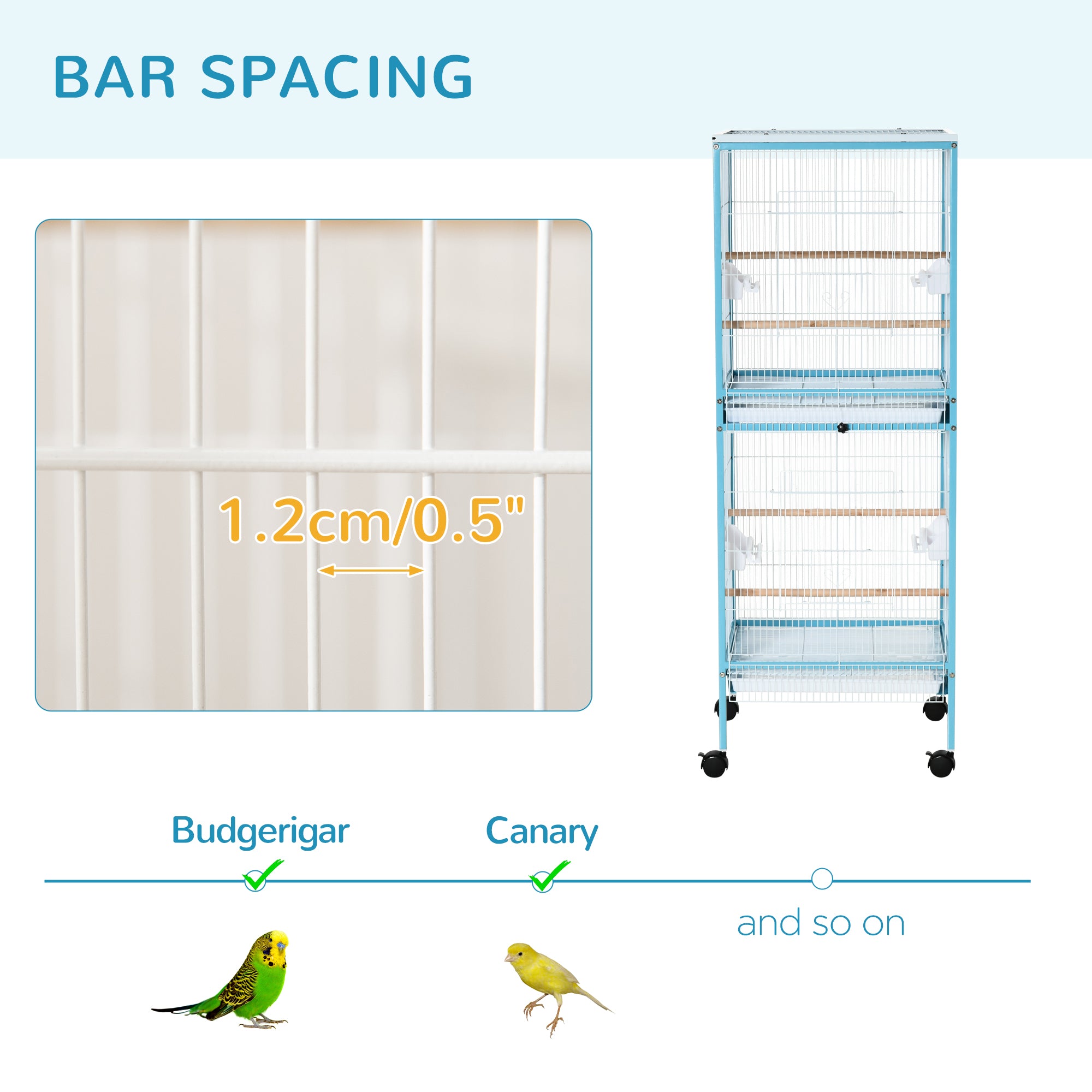 PawHut Bird Cage Budgie Cage 2 In 1 Large Aviary with Wheels Removable Trays for Finch Canaries Cockatiels Light Blue