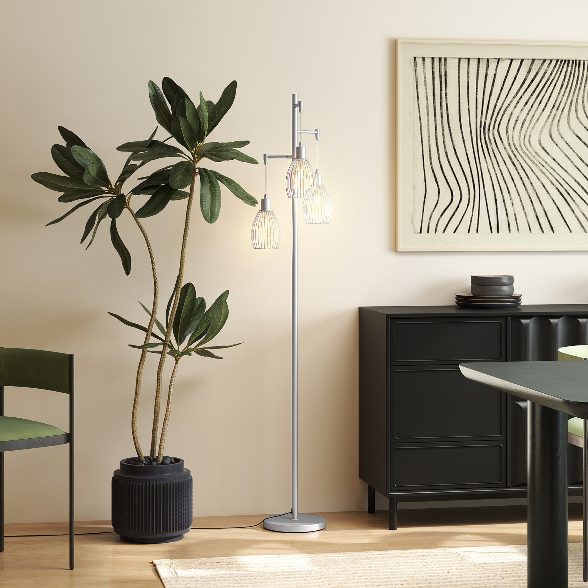 HOMCOM 3-Light Floor Lamp, 170cm Industrial Dimmable Standing Lamp with Steel Wire Cage Lampshades for Living Room, Bedroom, Dining Room, Study, Silver Tone - North Peak Garden Furniture