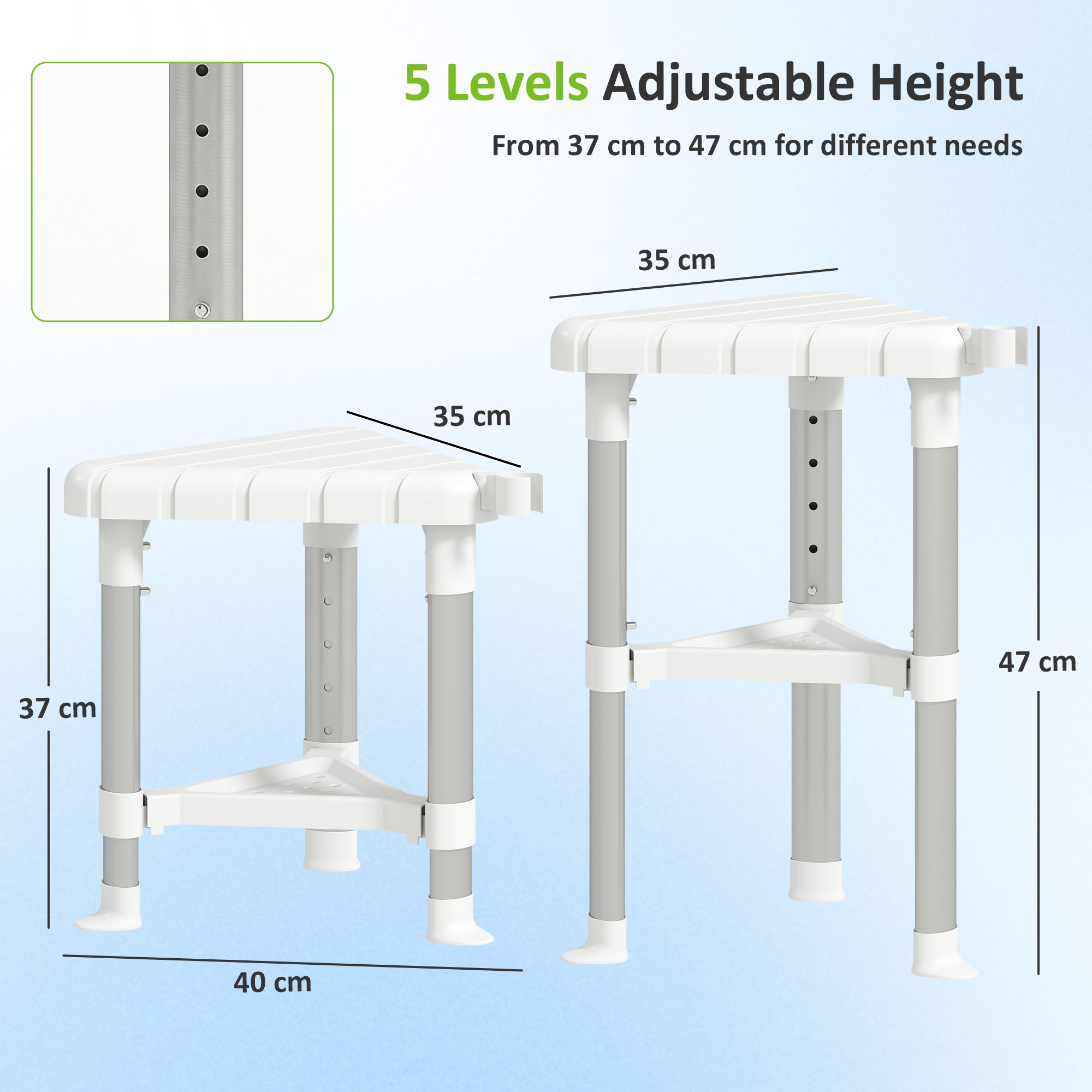HOMCOM Shower Stool, Aluminium Alloy Corner Shower Chair with Storage Shelf and HDPE Seat, Adjustable Height, White