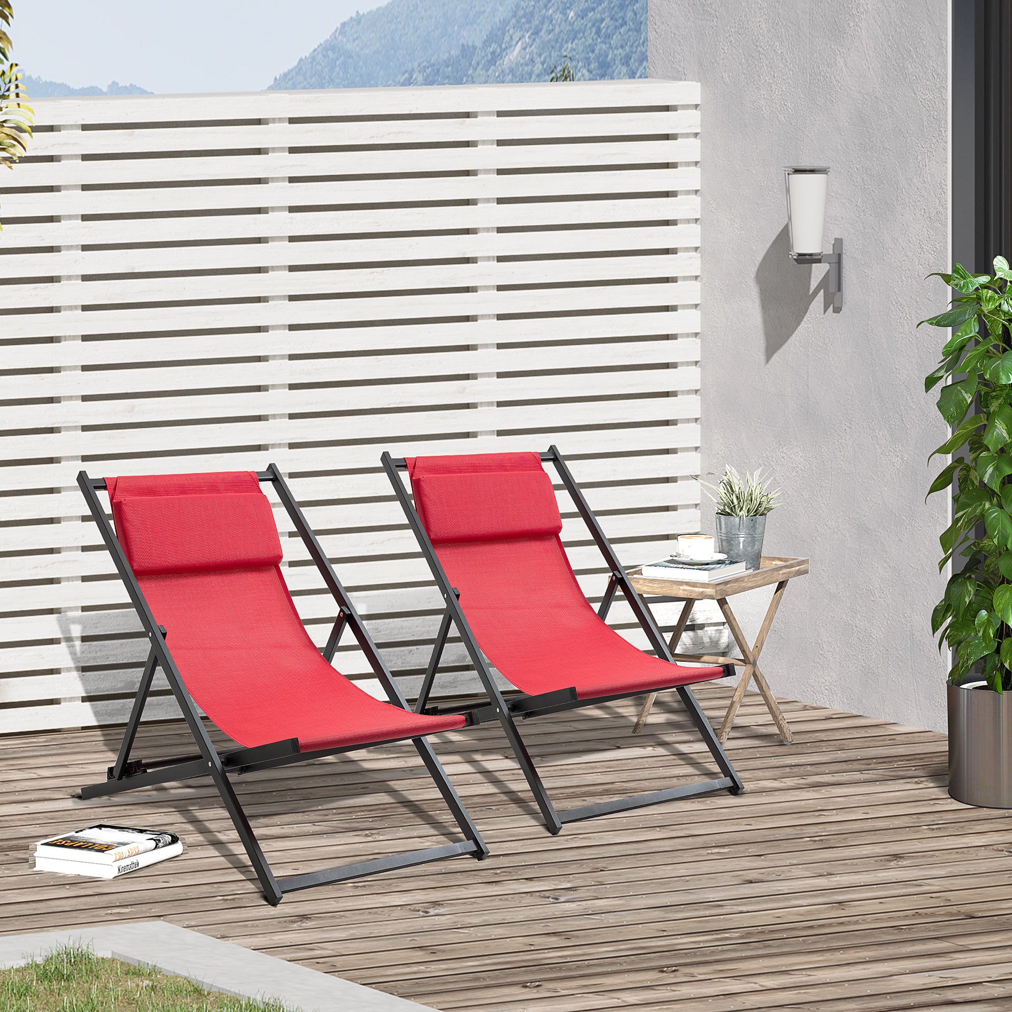 Outsunny Set of 2 Folding Garden Beach Aluminium Frame Deck Chairs Deckchairs Seaside Folding Garden Patio Lounger, Red - North Peak Garden Furniture