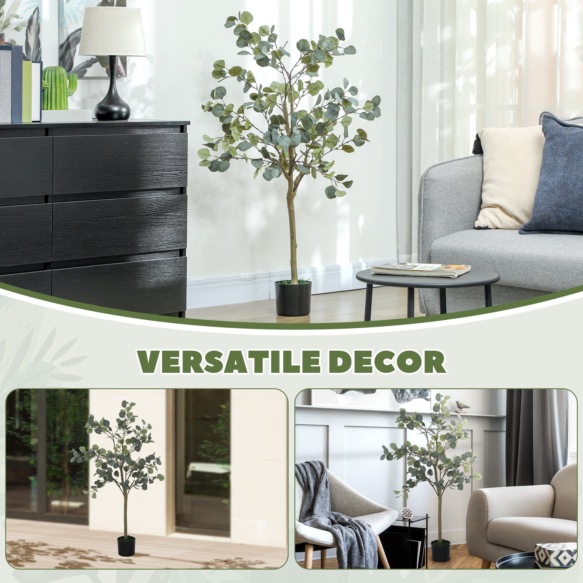 HOMCOM Decorative Artificial Plant, 5ft/ 150cm Silk Eucalyptus Tree with 230 Silver Dollar Leaves in Pot, Fake Plant for Home, Office, Living Room, Indoor Decor - North Peak Garden Furniture