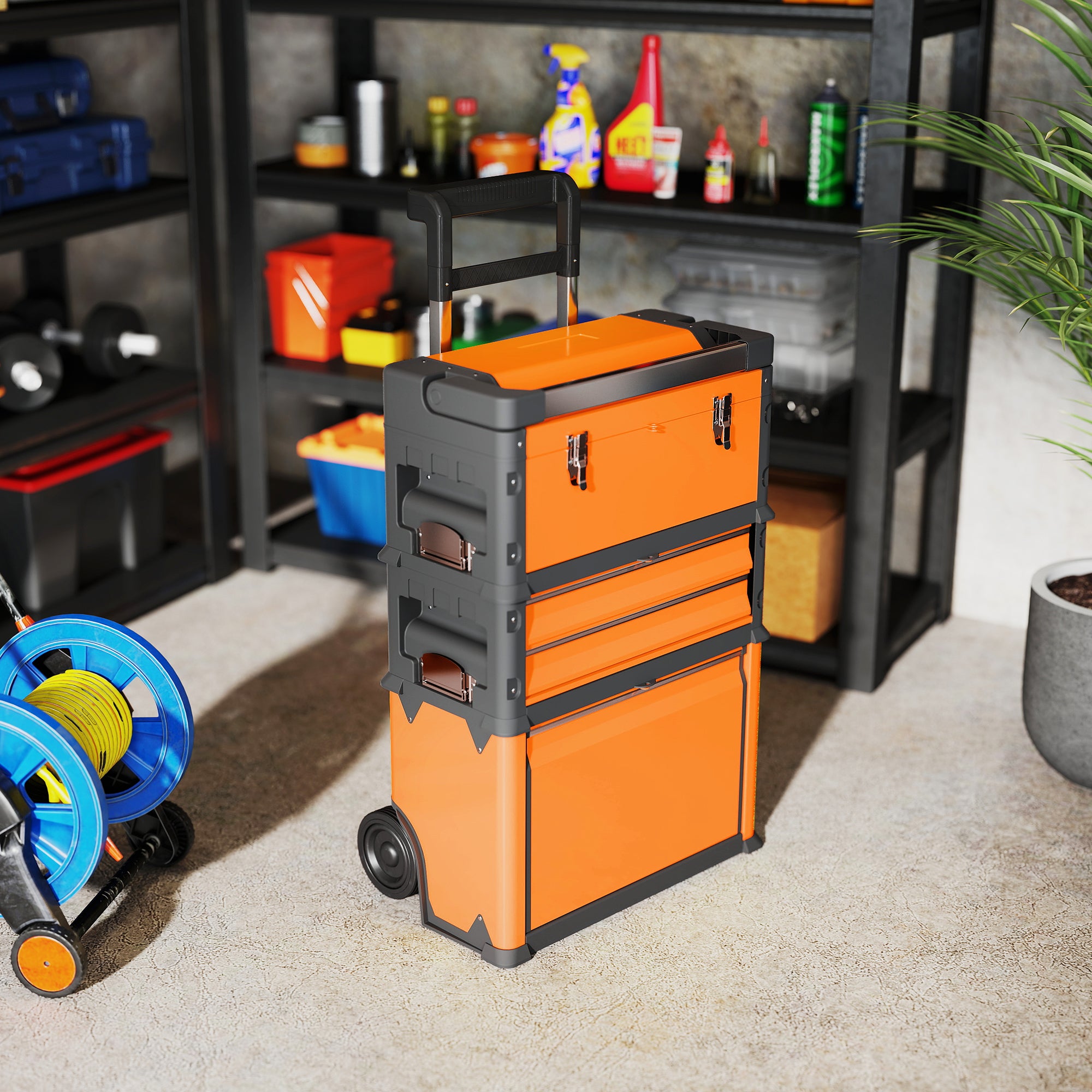 HOMCOM 3-in-1 Stackable Rolling Tool Box - Orange - North Peak Garden Furniture